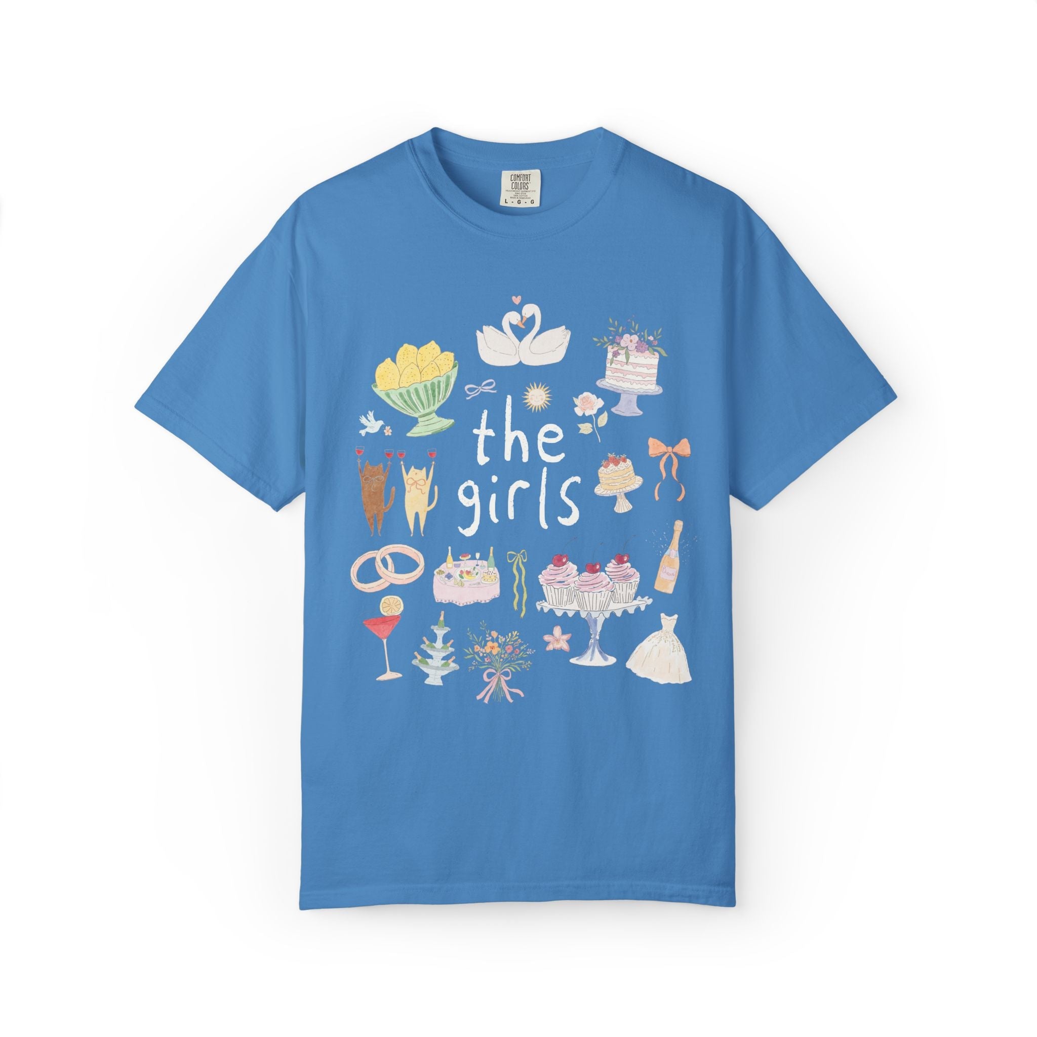 The Mrs. and The Girls Matching Bachelorette Party or Trip T-Shirt with Cute Doodles, Vintage Aesthetic Soft Girl Style Bridal Tee with Cats - Opal and June