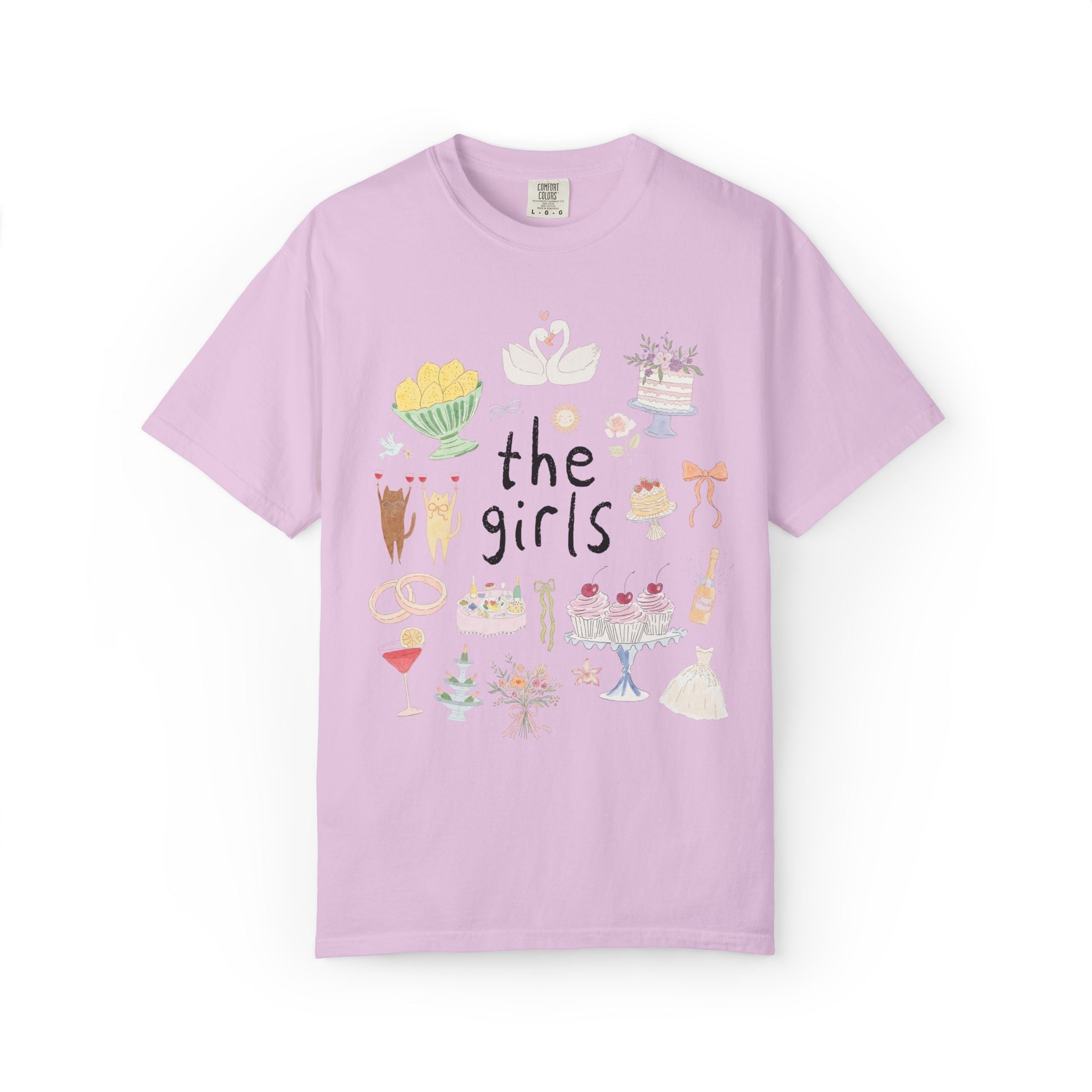 The Mrs. and The Girls Matching Bachelorette Party or Trip T-Shirt with Cute Doodles, Vintage Aesthetic Soft Girl Style Bridal Tee with Cats - Opal and June