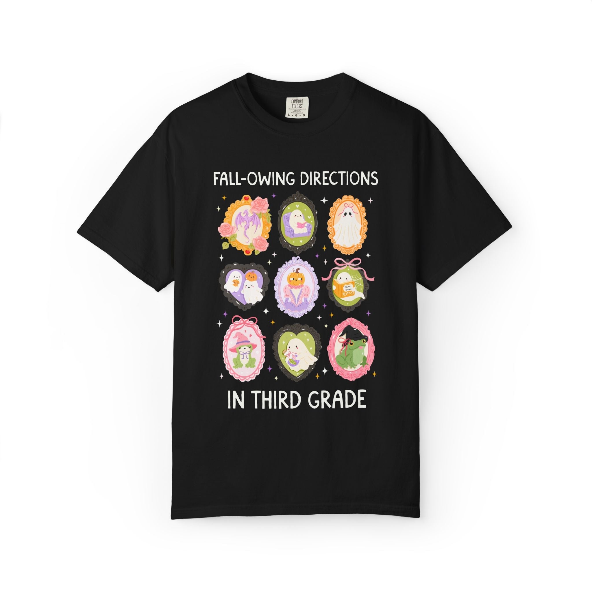 Third Grade Halloween Teacher Tee: Fall-Owing Directions Pastel Goth Teacher Team T-Shirt for Fall, Cute Spooky Season Frog Tee with Ghosts - Opal and June