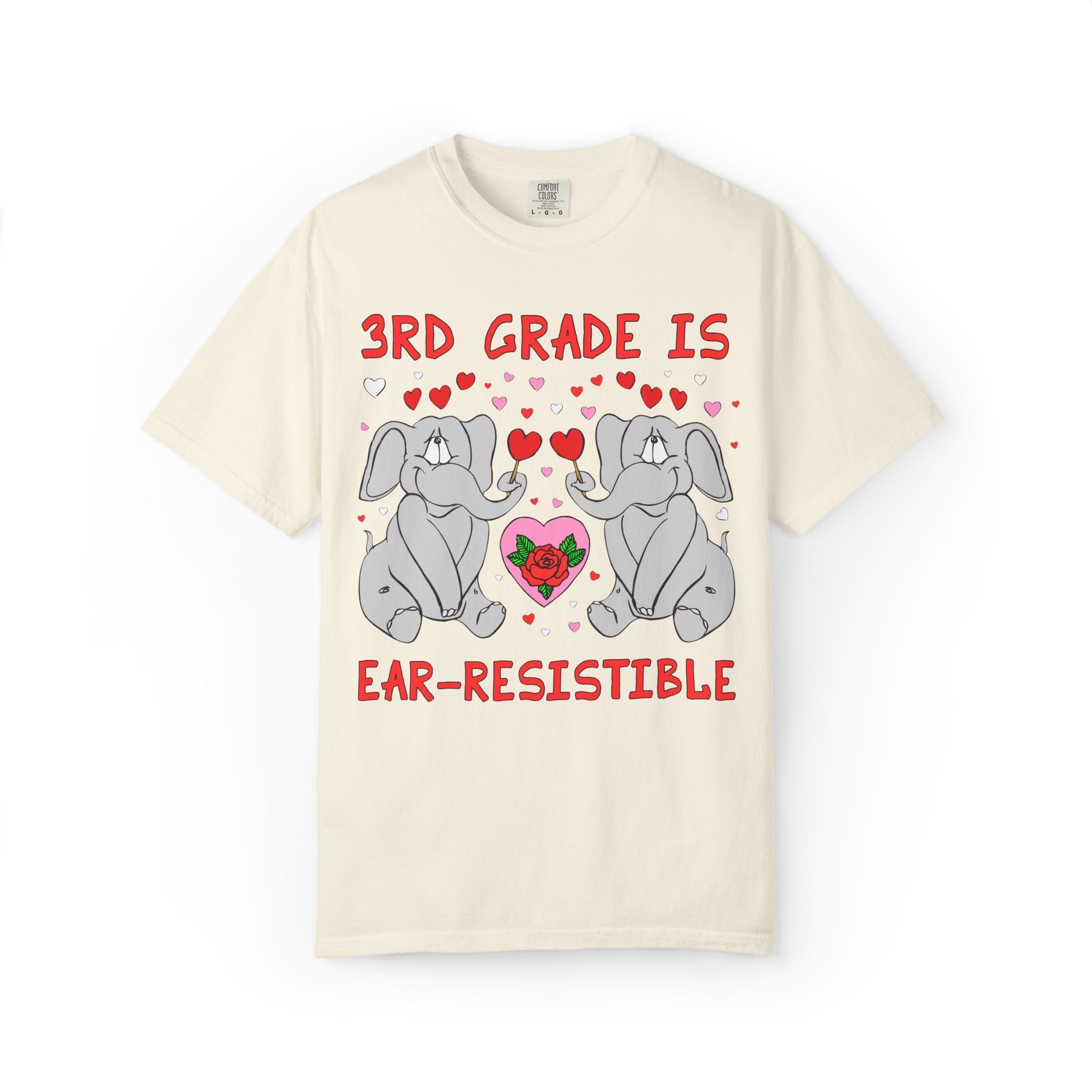 Third Grade is Ear - Resistible! Valentine's Day Teacher Tee: Funny Animal Lover T-Shirt with Elephant and Hearts, Cute Matching Teacher Tee - Opal and June