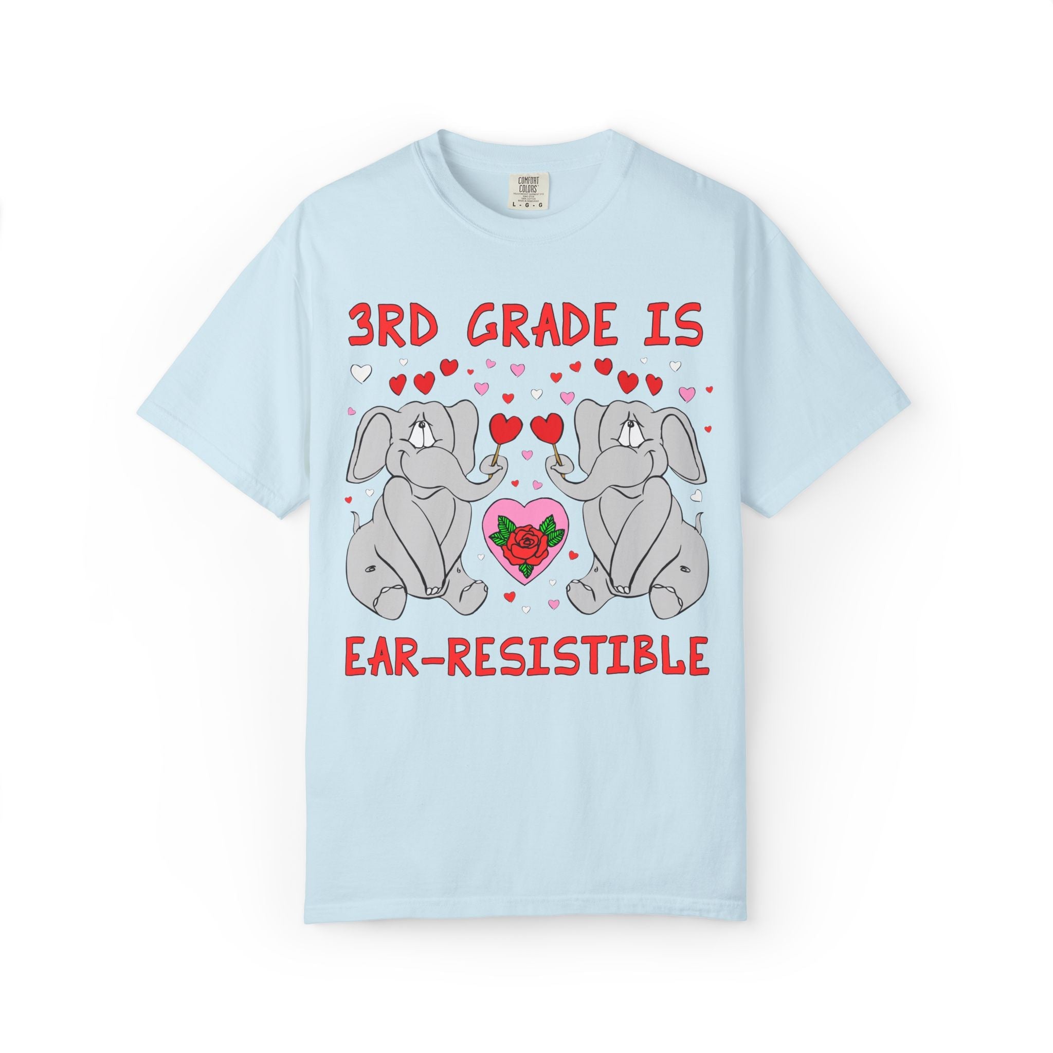 Third Grade is Ear - Resistible! Valentine's Day Teacher Tee: Funny Animal Lover T-Shirt with Elephant and Hearts, Cute Matching Teacher Tee - Opal and June