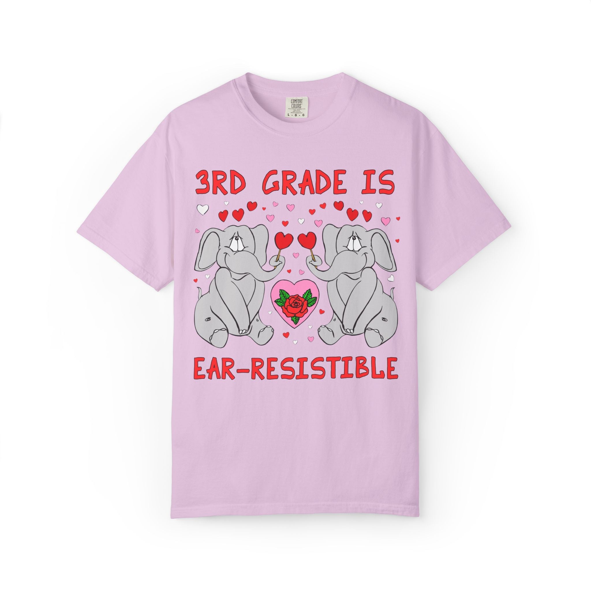 Third Grade is Ear - Resistible! Valentine's Day Teacher Tee: Funny Animal Lover T-Shirt with Elephant and Hearts, Cute Matching Teacher Tee - Opal and June