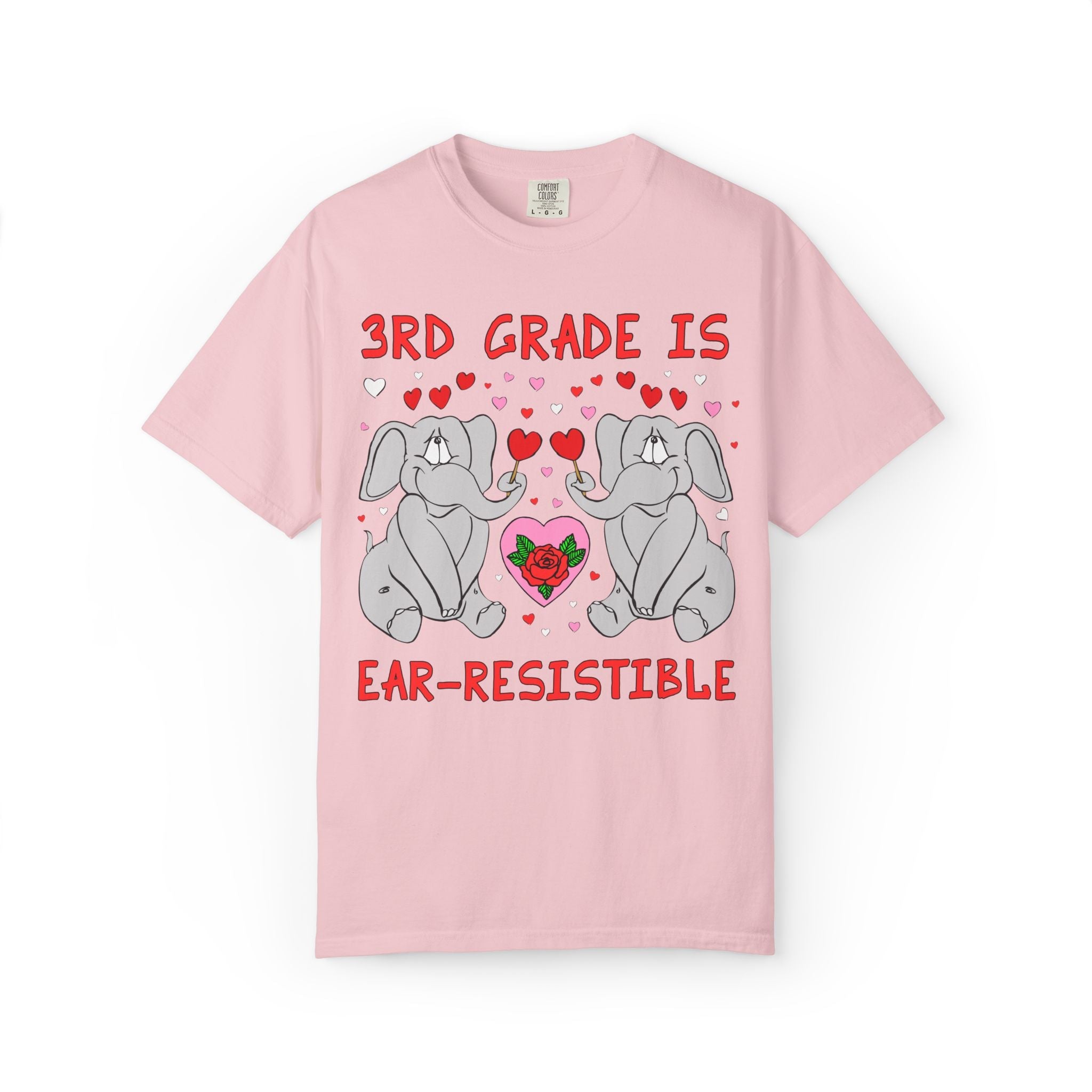 Third Grade is Ear - Resistible! Valentine's Day Teacher Tee: Funny Animal Lover T-Shirt with Elephant and Hearts, Cute Matching Teacher Tee - Opal and June