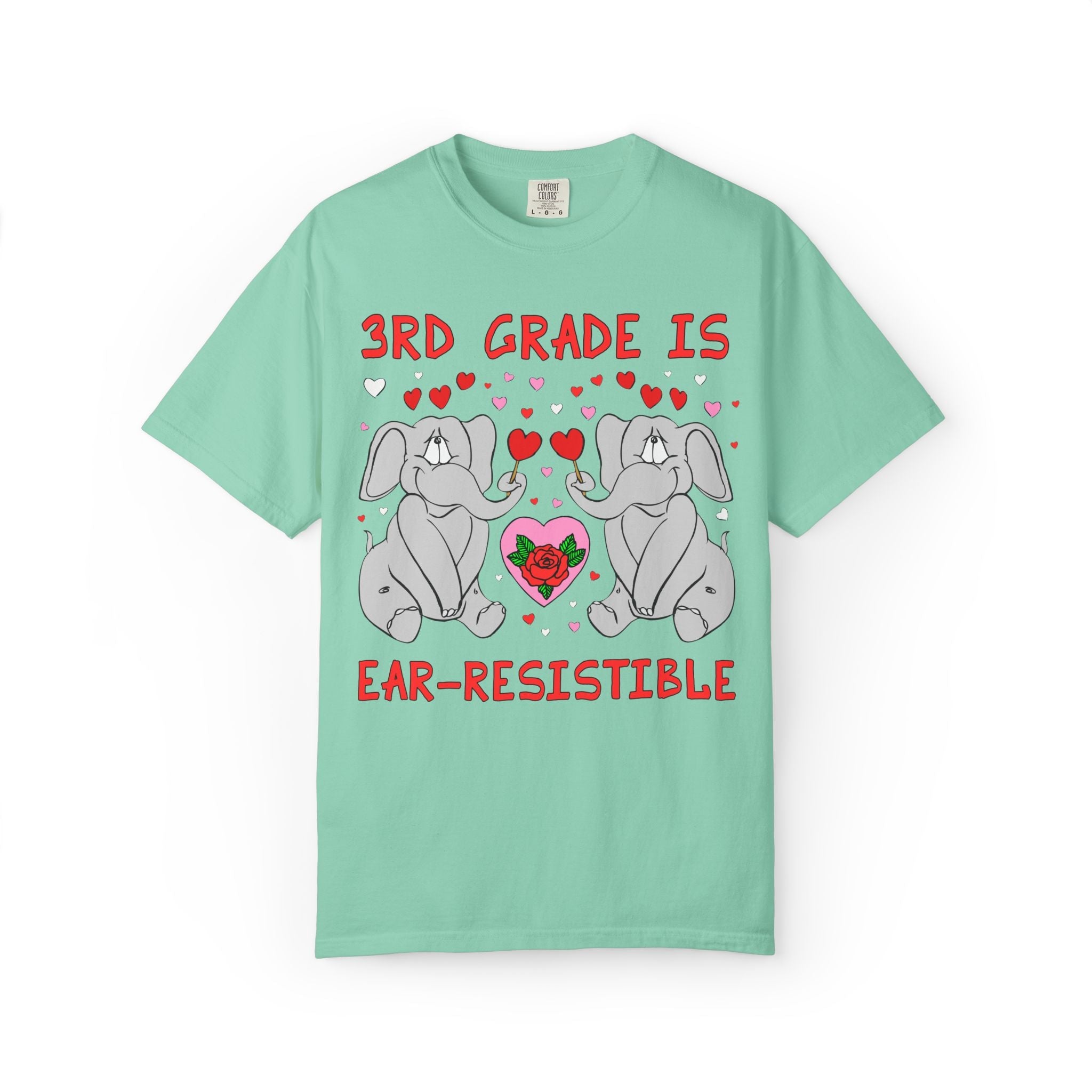 Third Grade is Ear - Resistible! Valentine's Day Teacher Tee: Funny Animal Lover T-Shirt with Elephant and Hearts, Cute Matching Teacher Tee - Opal and June
