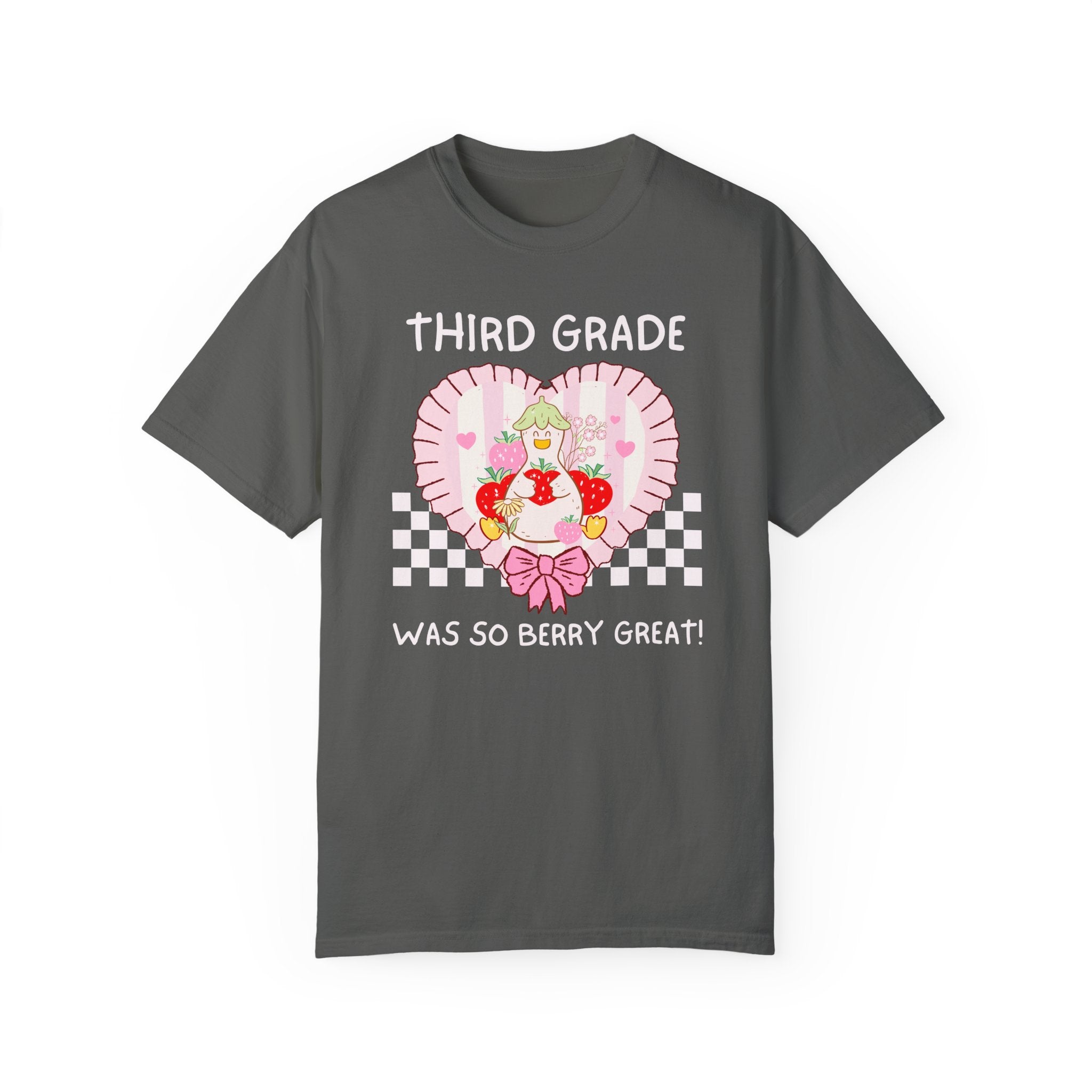 Third Grade Last Day of School Teacher Tee Shirt with Silly Goose Holding Strawberries in a Heart, Cute Matching Third Grade Crew T-Shirt - Opal and June