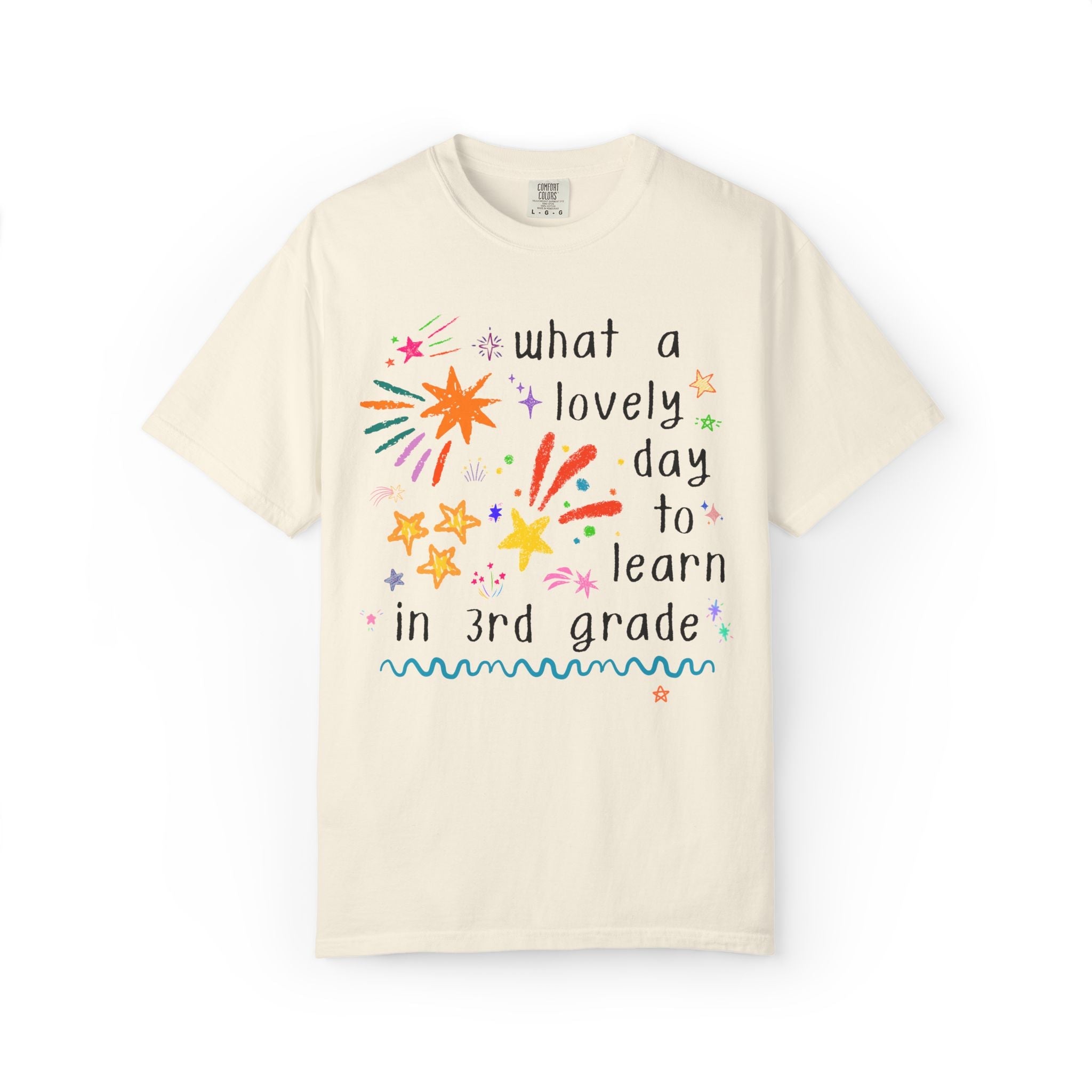 Third Grade Teacher Back to School T-Shirt for Teacher Team or Student Teacher: What a Lovely Day to Learn! | Colorful Maximalist 90s Vibe - Opal and June