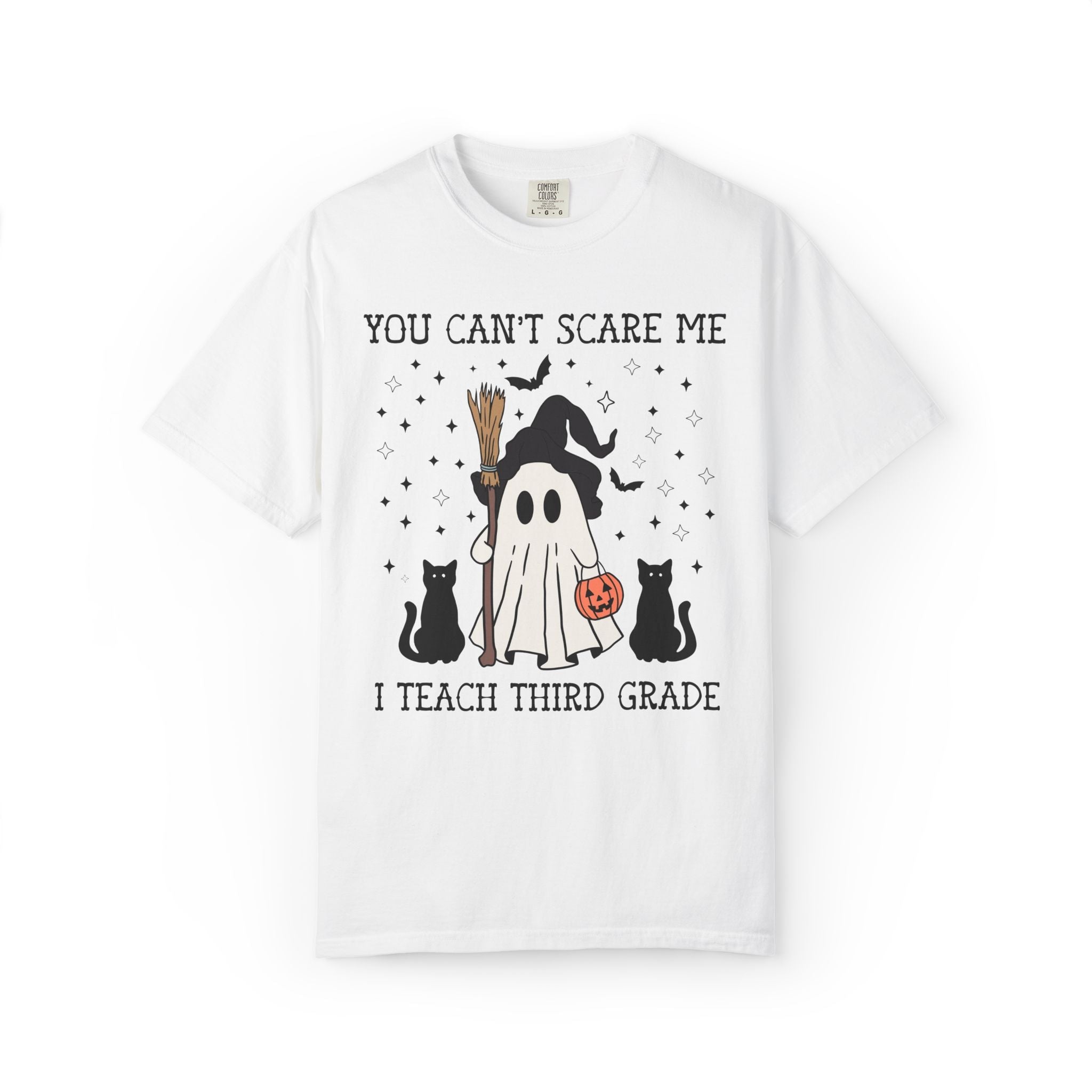Third Grade Teacher Halloween Tee Shirt with Witchy Ghost and Black Cats for Spooky Season: You Can't Scare Me, 3rd Grade Team T-Shirt - Opal and June