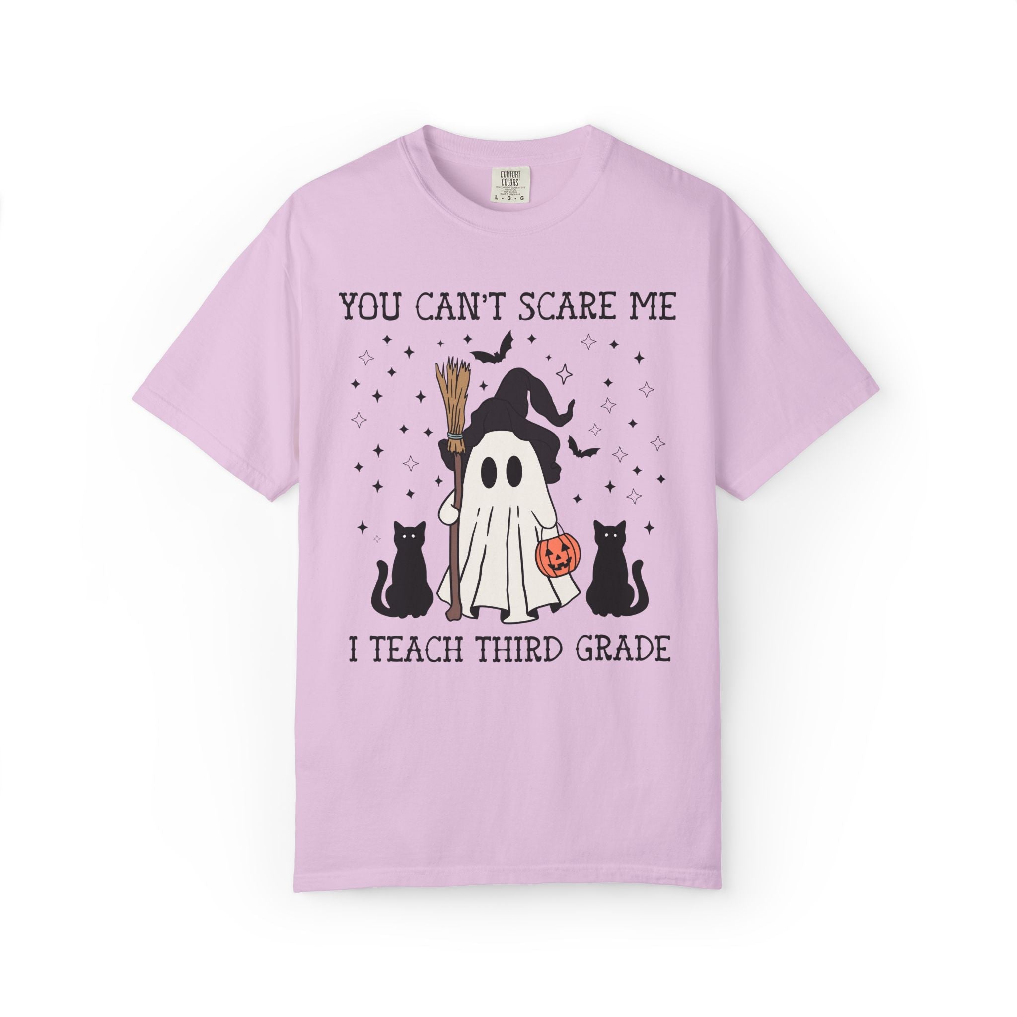 Third Grade Teacher Halloween Tee Shirt with Witchy Ghost and Black Cats for Spooky Season: You Can't Scare Me, 3rd Grade Team T-Shirt - Opal and June