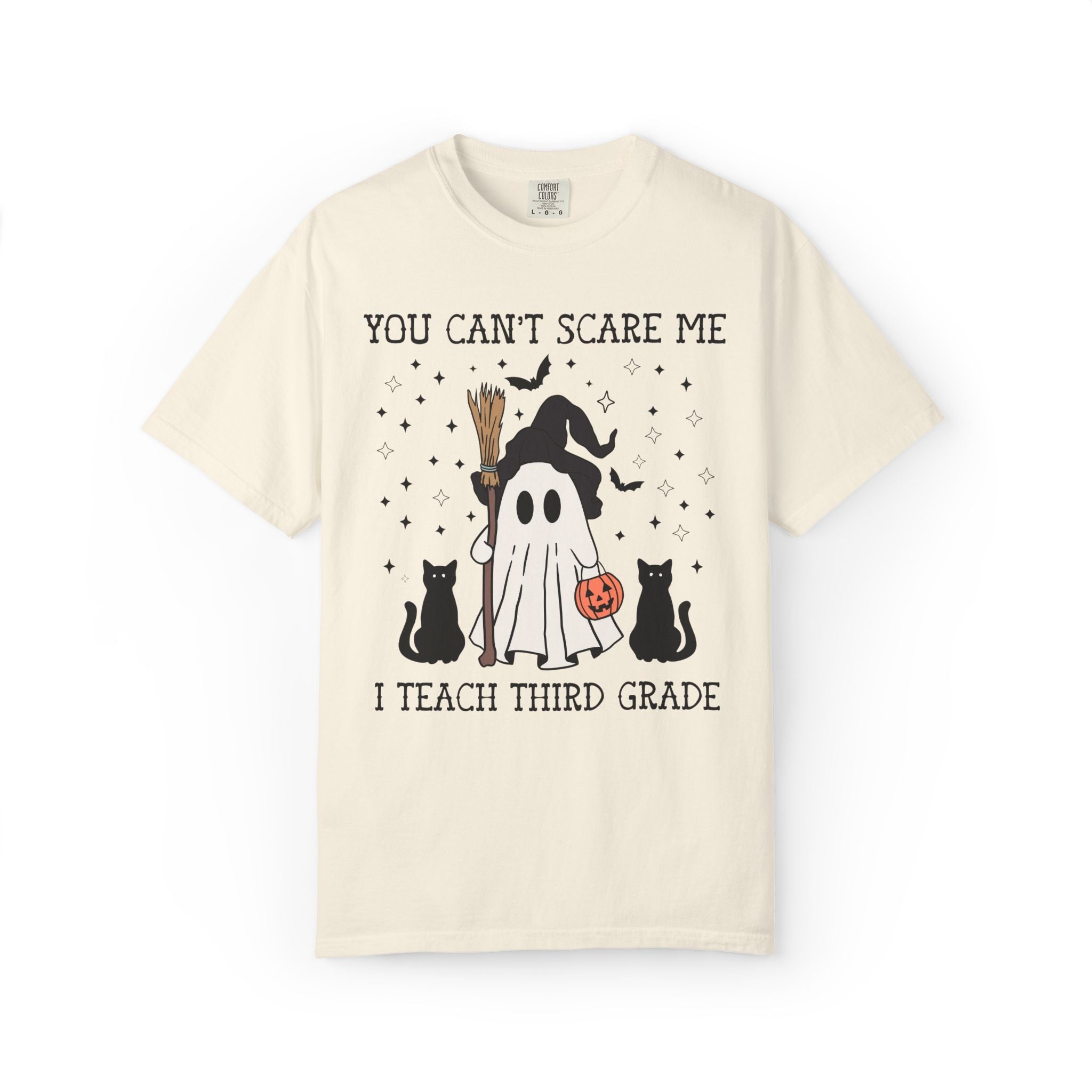 Third Grade Teacher Halloween Tee Shirt with Witchy Ghost and Black Cats for Spooky Season: You Can't Scare Me, 3rd Grade Team T-Shirt - Opal and June