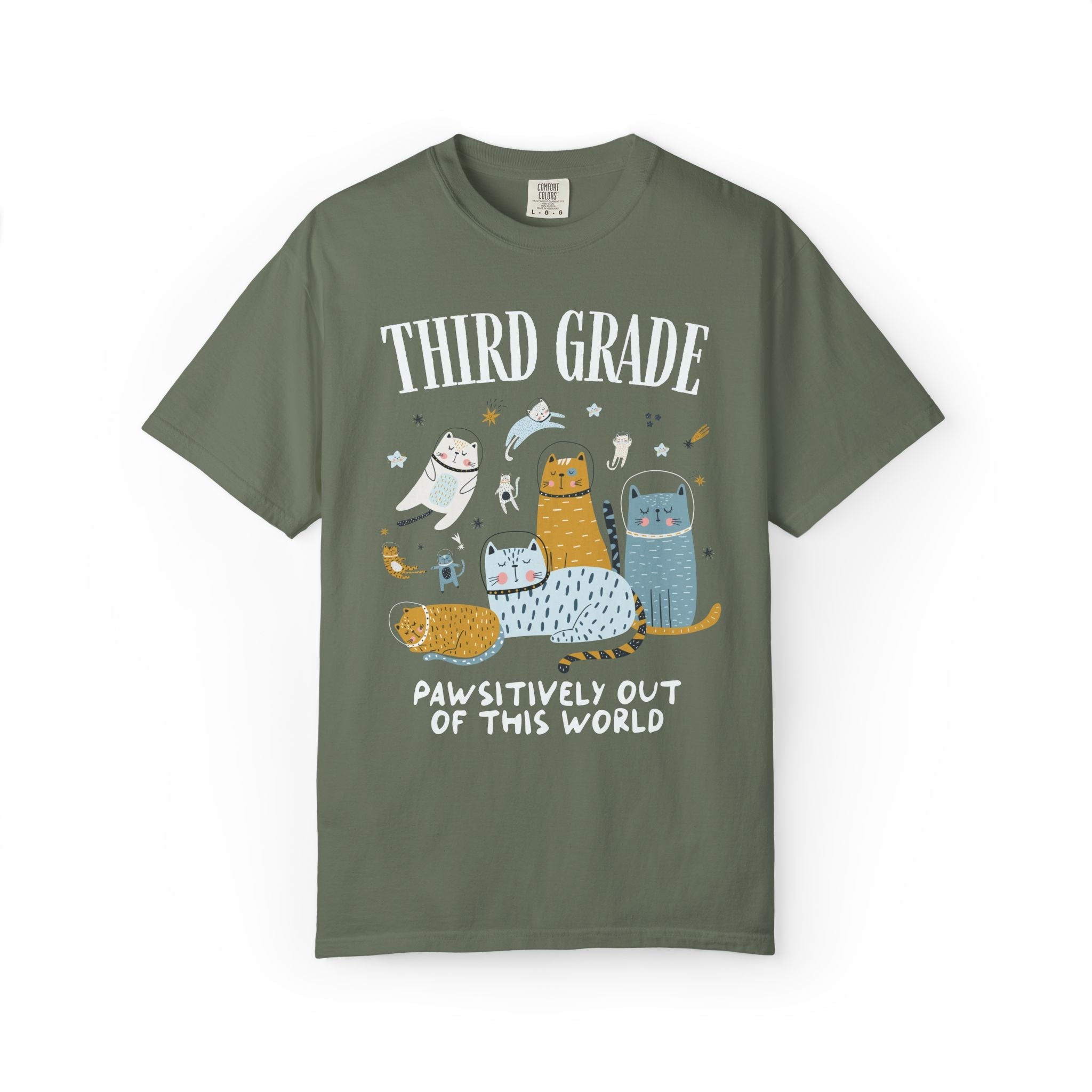 Third Grade Teacher Space Cat Tee Shirt with Astronaut Kittens and Stars: Pawsitively Out of This World Teacher Team T-Shirt for Cat Lover - Opal and June