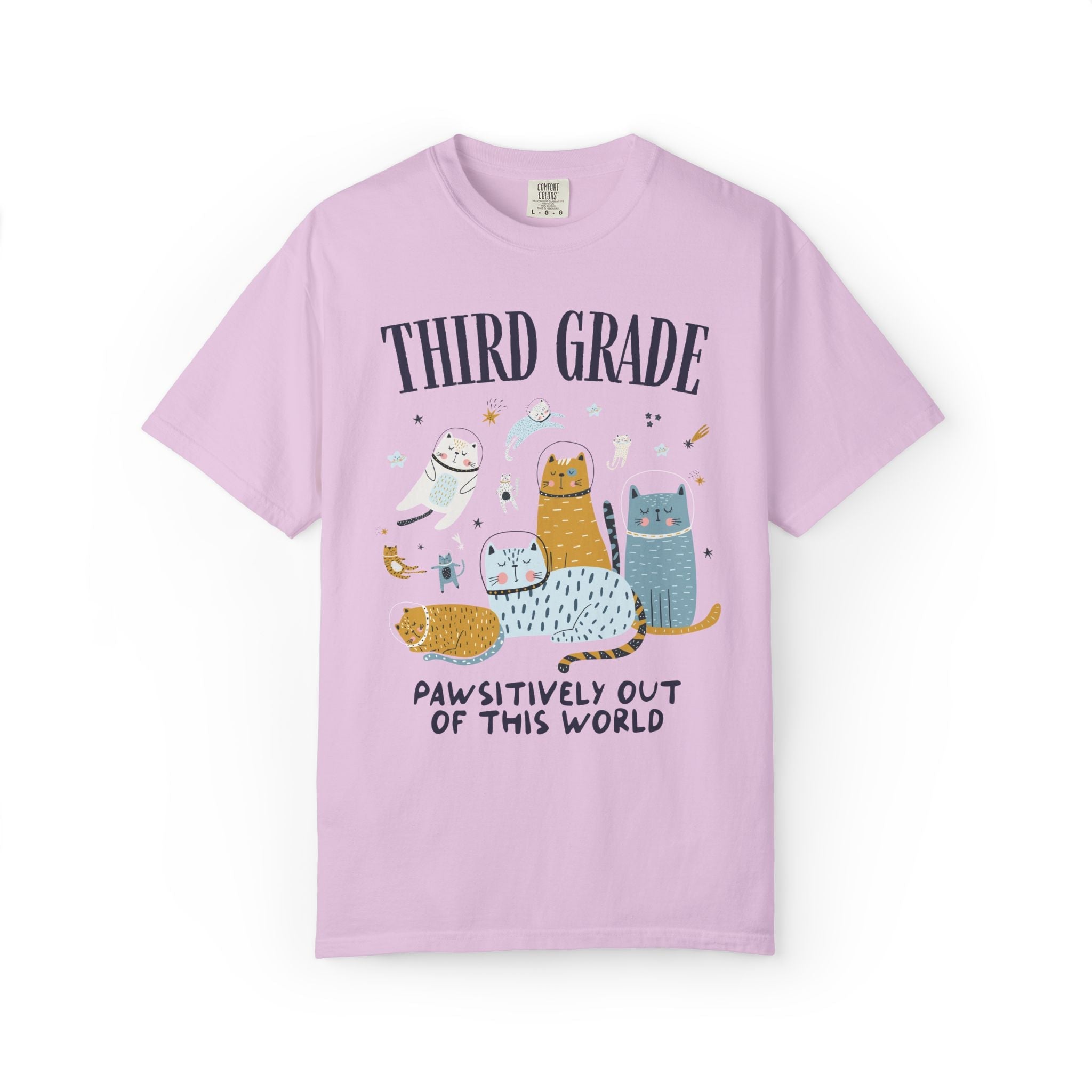 Third Grade Teacher Space Cat Tee Shirt with Astronaut Kittens and Stars: Pawsitively Out of This World Teacher Team T-Shirt for Cat Lover - Opal and June