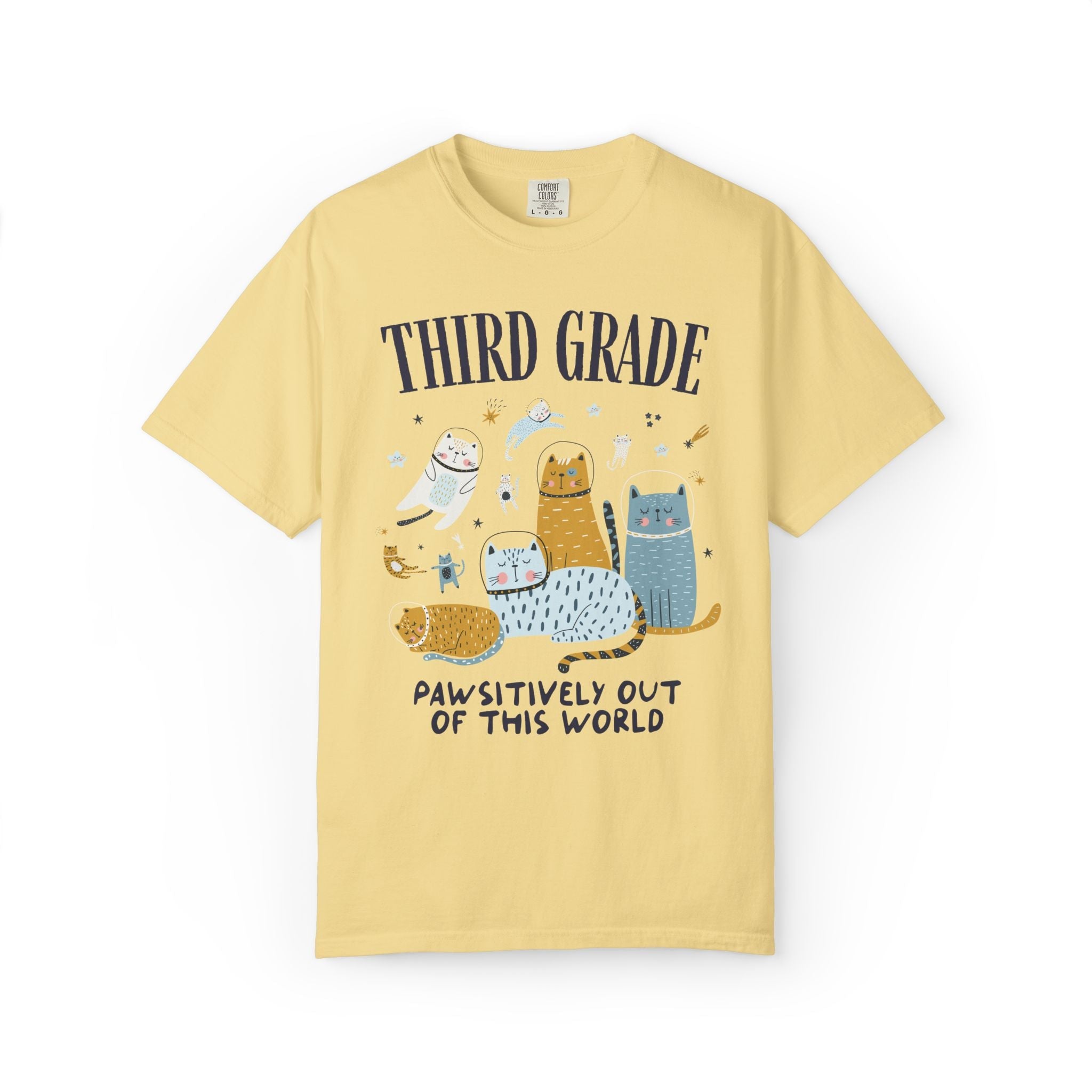 Third Grade Teacher Space Cat Tee Shirt with Astronaut Kittens and Stars: Pawsitively Out of This World Teacher Team T-Shirt for Cat Lover - Opal and June