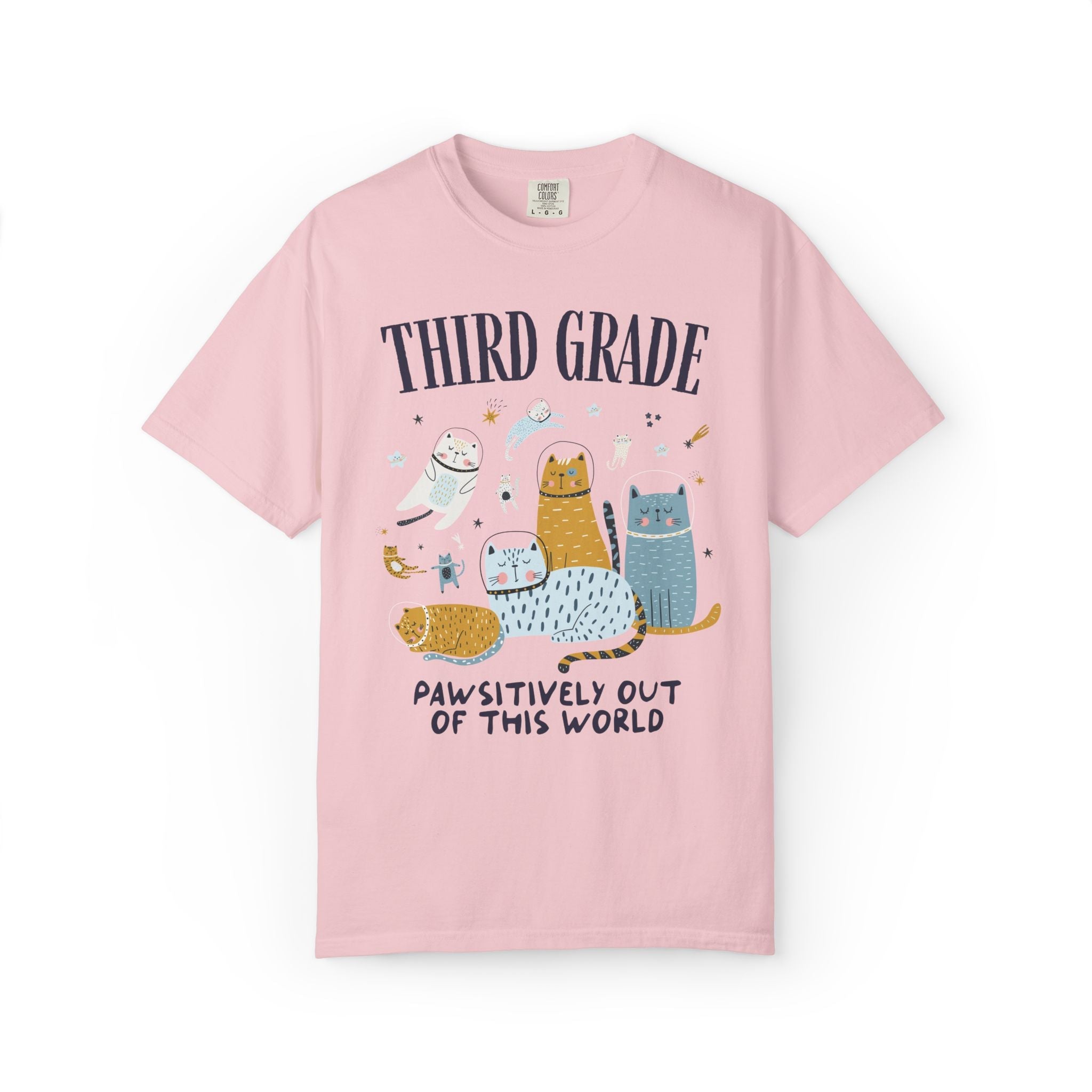 Third Grade Teacher Space Cat Tee Shirt with Astronaut Kittens and Stars: Pawsitively Out of This World Teacher Team T-Shirt for Cat Lover - Opal and June