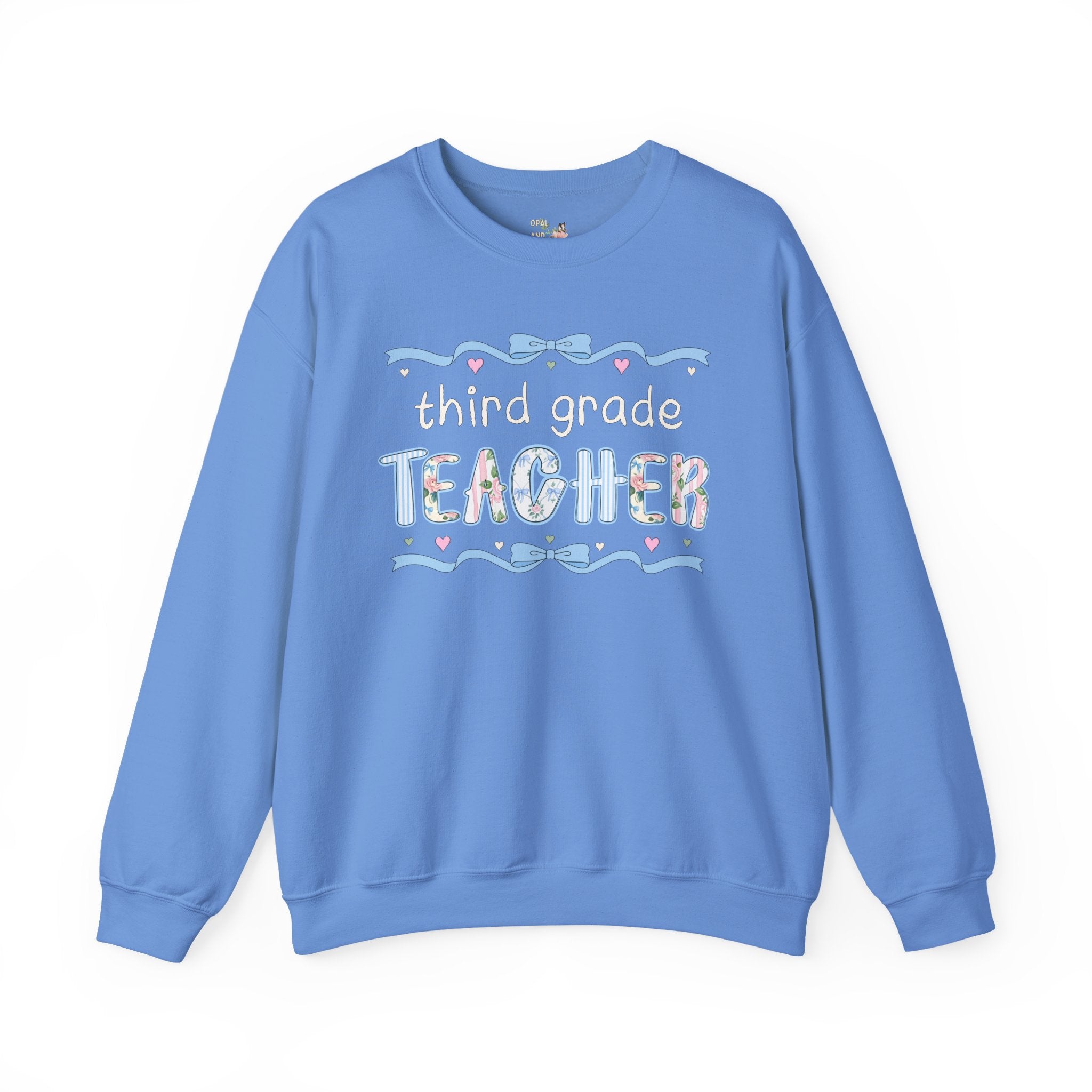 Third Grade Teacher Sweatshirt, Back to School, Cute First Day of School Teacher Shirt with Bow, Boho 90s Aesthetic Teacher Team Crewneck - Opal and June