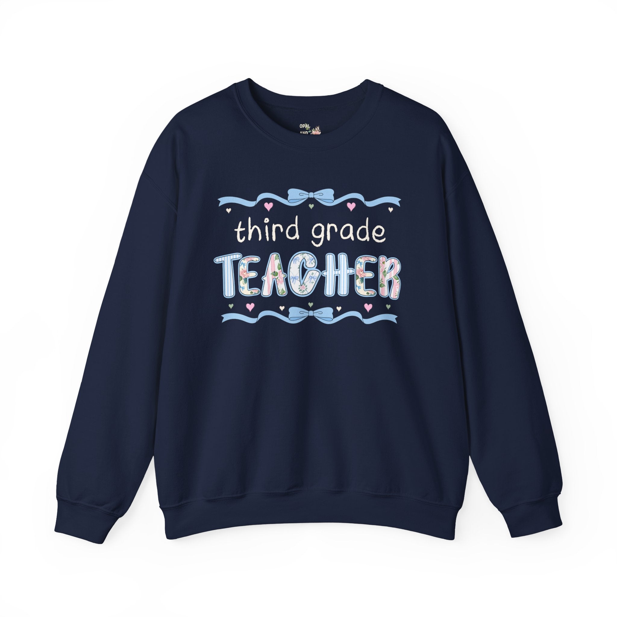 Third Grade Teacher Sweatshirt, Back to School, Cute First Day of School Teacher Shirt with Bow, Boho 90s Aesthetic Teacher Team Crewneck - Opal and June