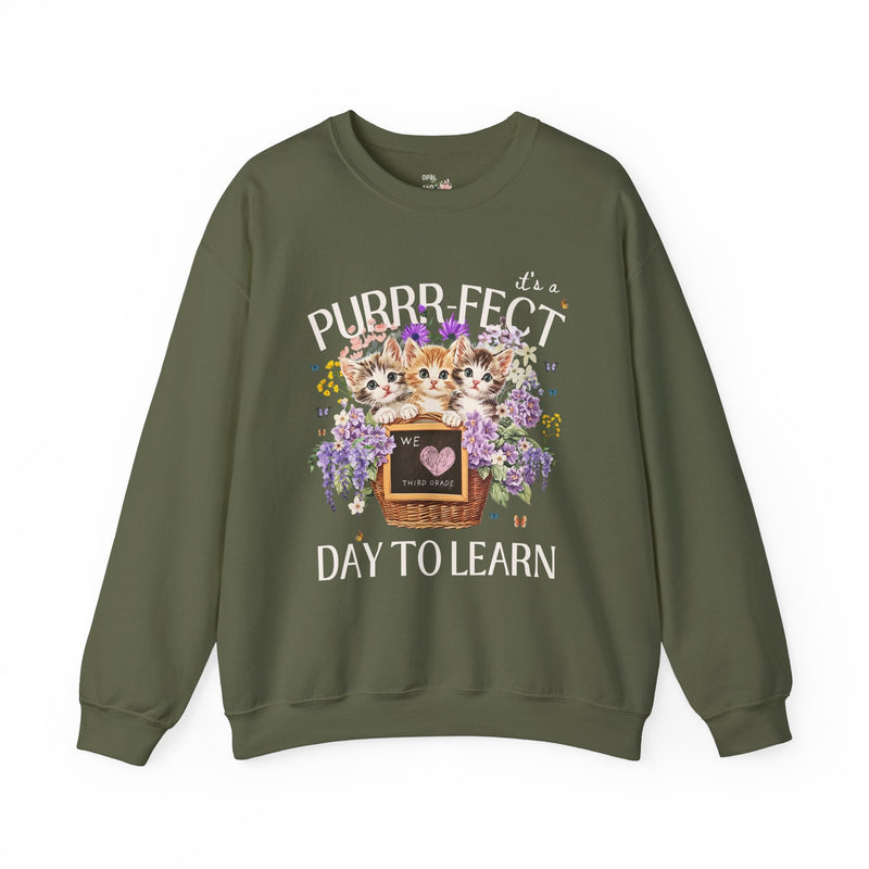 Third Grade Teacher Sweatshirt, Cat Mom Teachers: Purrr - fect Day to Learn, Cottagecore 90s Throwback Colorful Maximalist Animal Lover Shirt - Opal and June