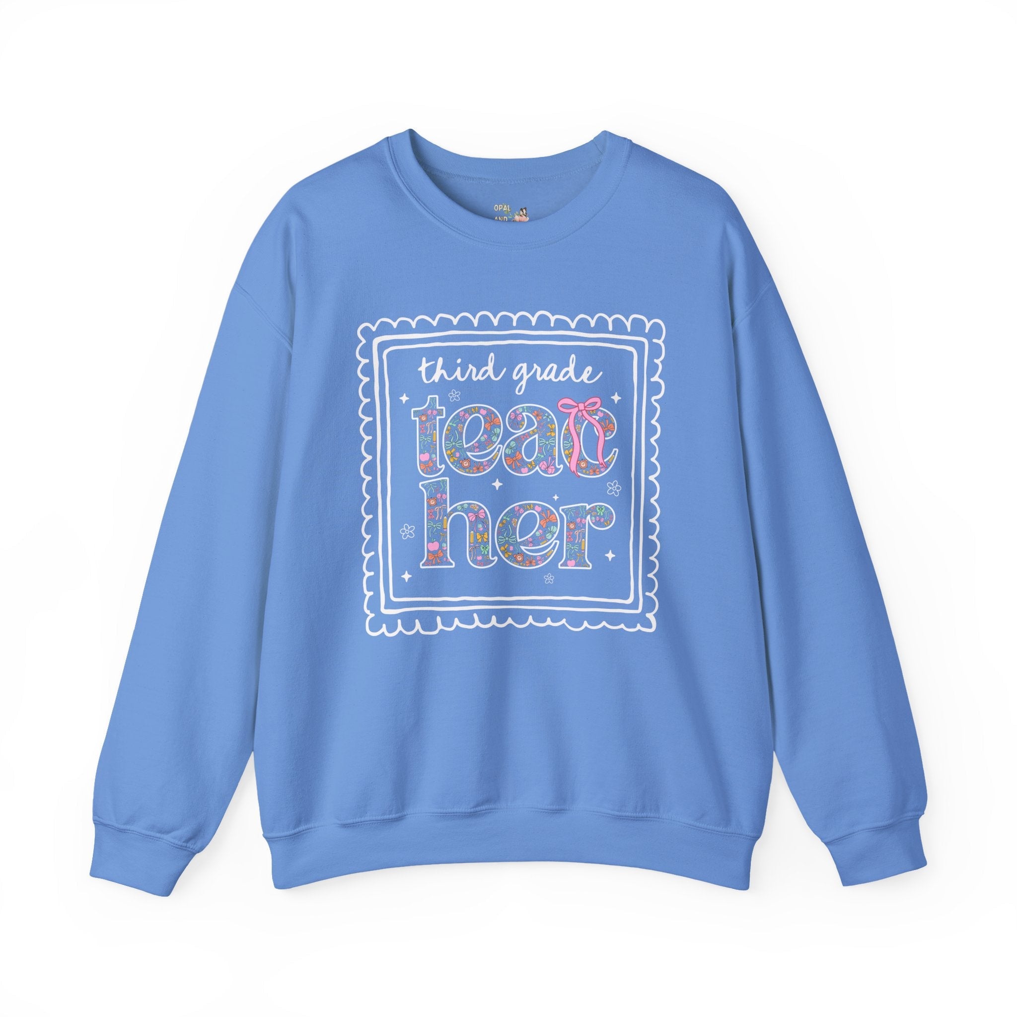Third Grade Teacher Sweatshirt for Back to School, Cute Floral Matching Third Grade Crew Crewneck with Bow, Cute Nineties Aesthetic Doodles - Opal and June