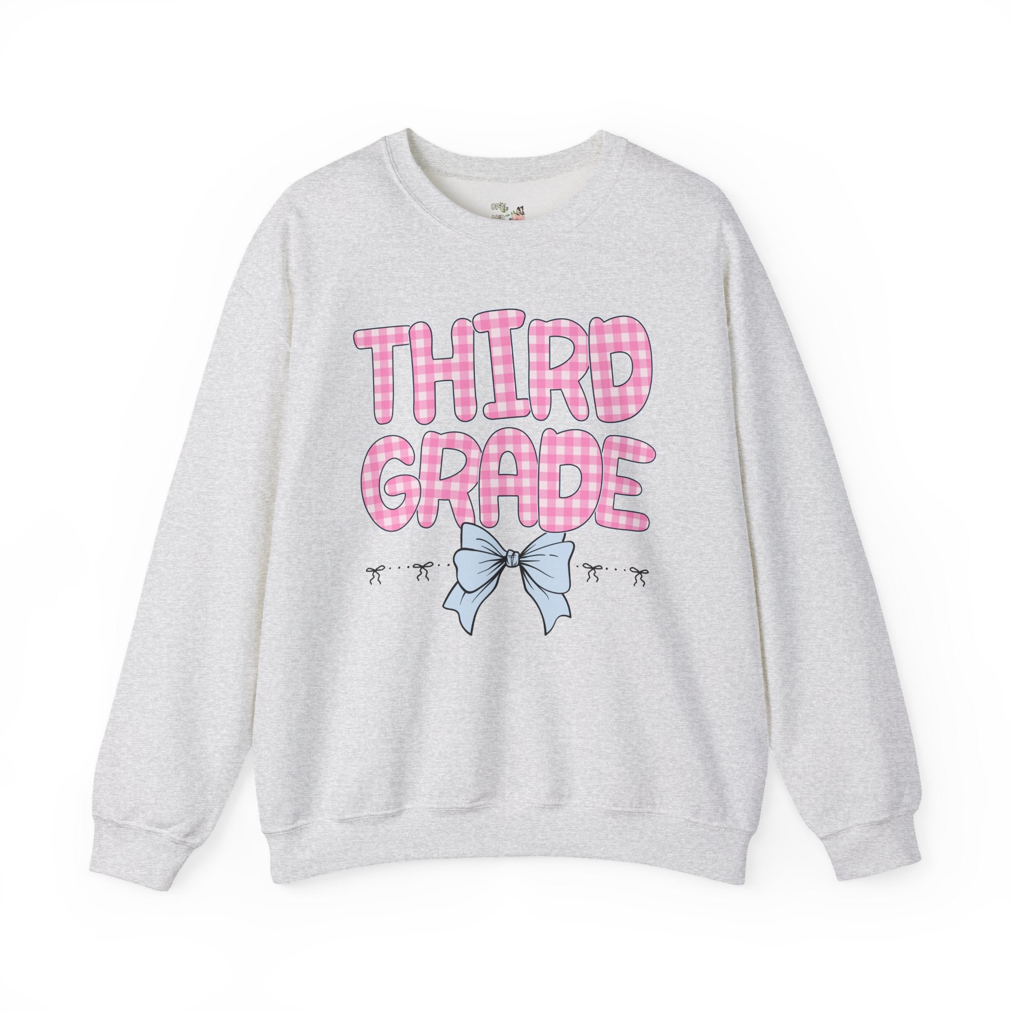 Third Grade Teacher Sweatshirt, Pink Gingham Letters, First Day of School, Back to School Matching Teacher Shirt with Bow, Soft Girl Style - Opal and June