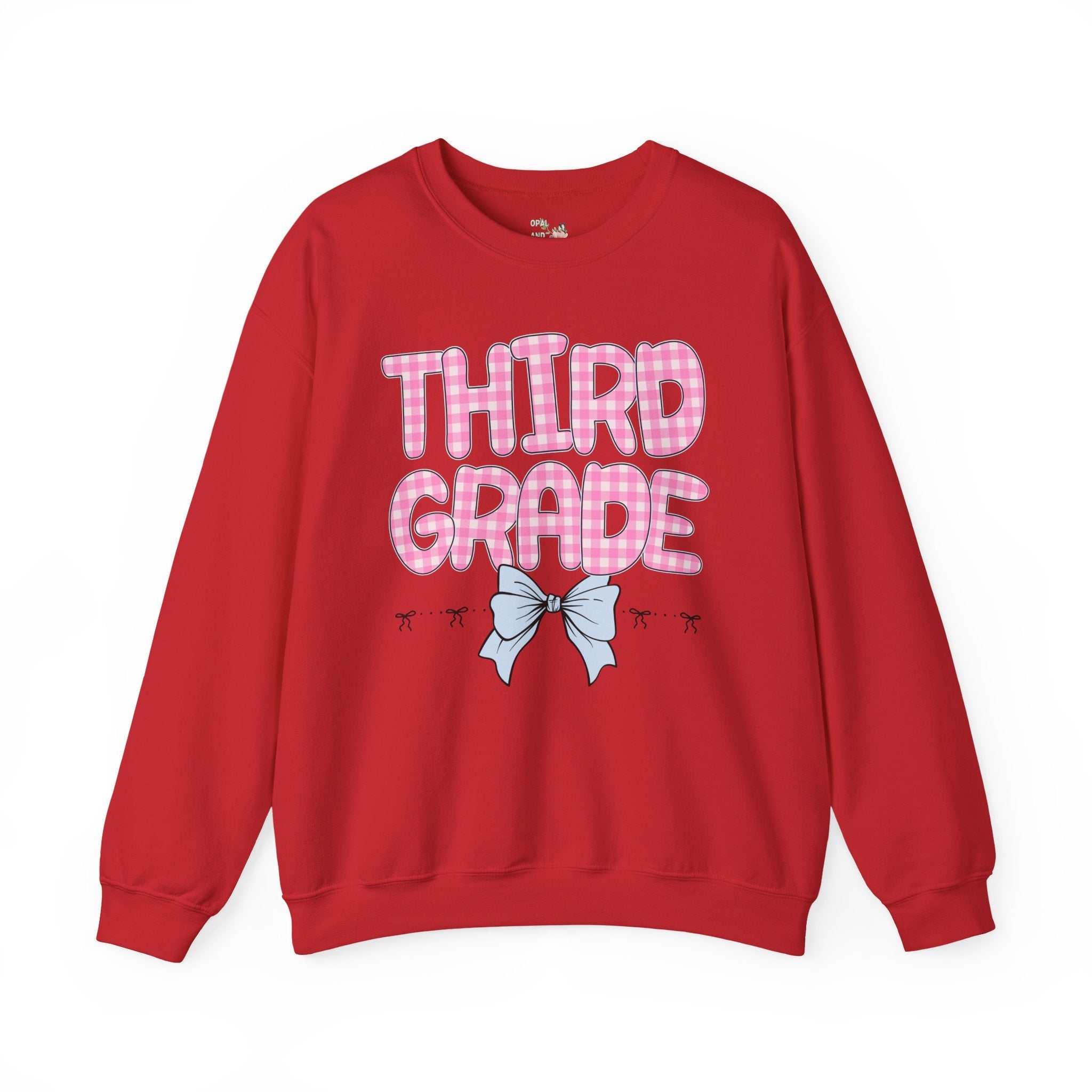 Third Grade Teacher Sweatshirt, Pink Gingham Letters, First Day of School, Back to School Matching Teacher Shirt with Bow, Soft Girl Style - Opal and June