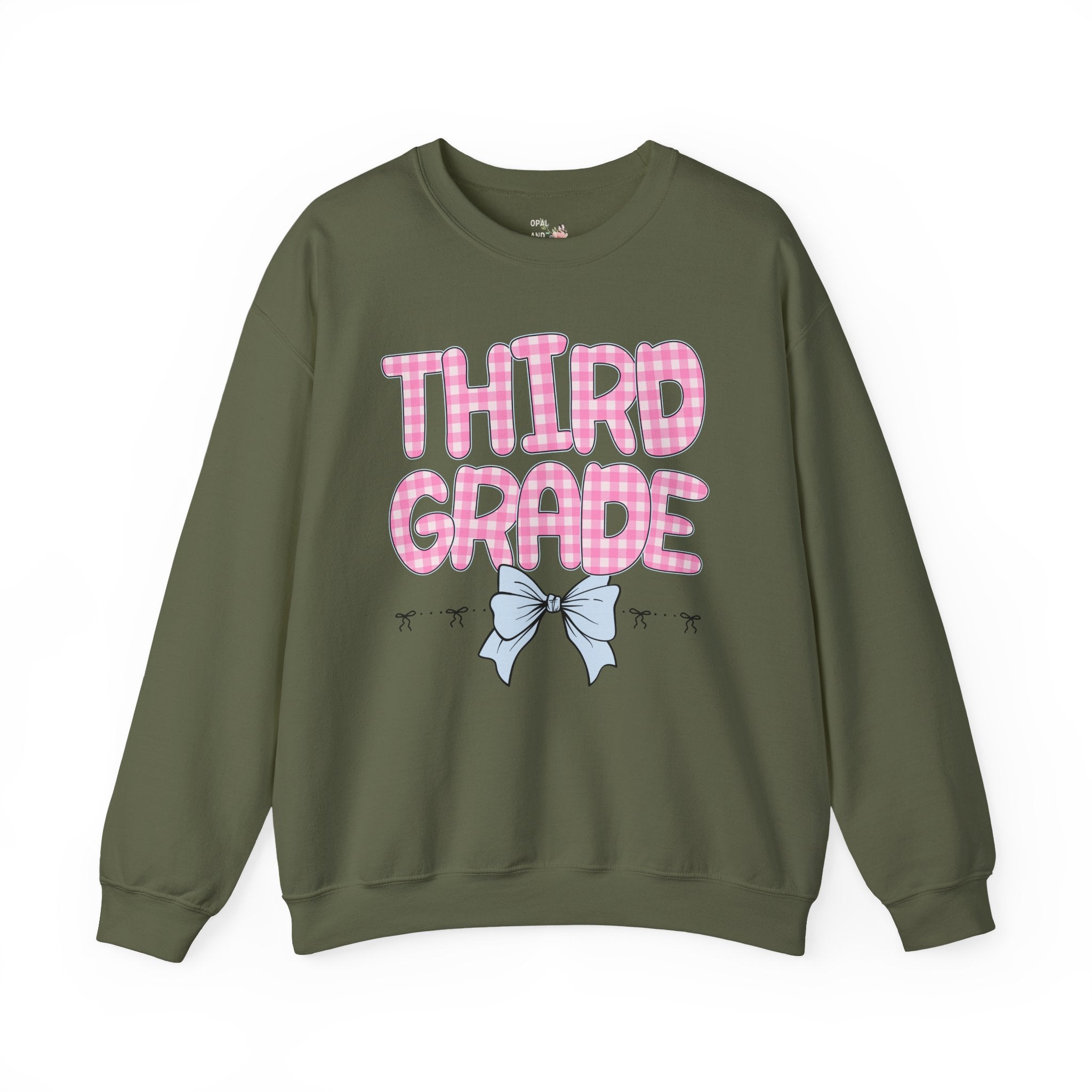 Third Grade Teacher Sweatshirt, Pink Gingham Letters, First Day of School, Back to School Matching Teacher Shirt with Bow, Soft Girl Style - Opal and June