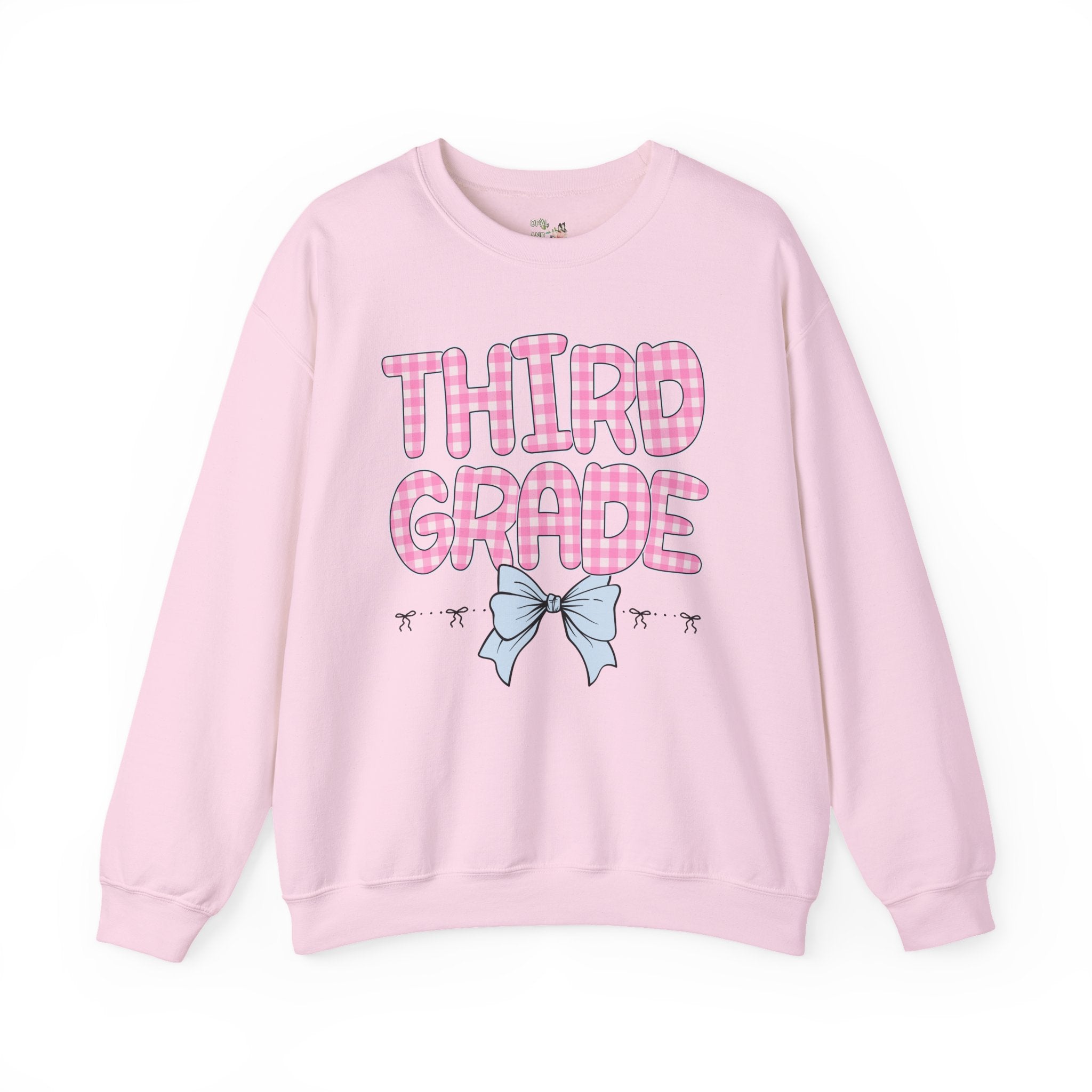Third Grade Teacher Sweatshirt, Pink Gingham Letters, First Day of School, Back to School Matching Teacher Shirt with Bow, Soft Girl Style - Opal and June