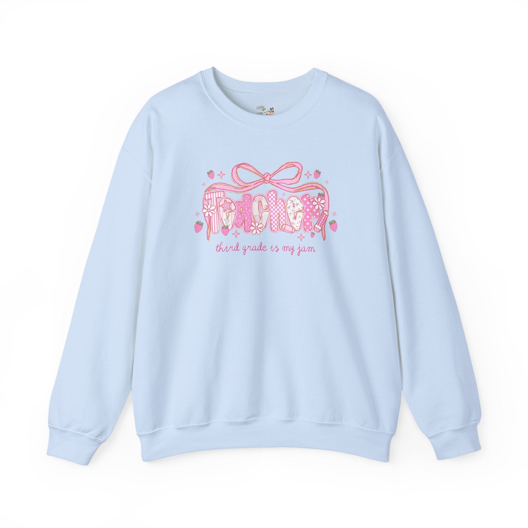 Third Grade Teacher Sweatshirt, Third Grade Squad or Crew, Floral Boho Strawberry Crewneck with Messy Coquette Bow, Fruit Lover Teacher - Opal and June