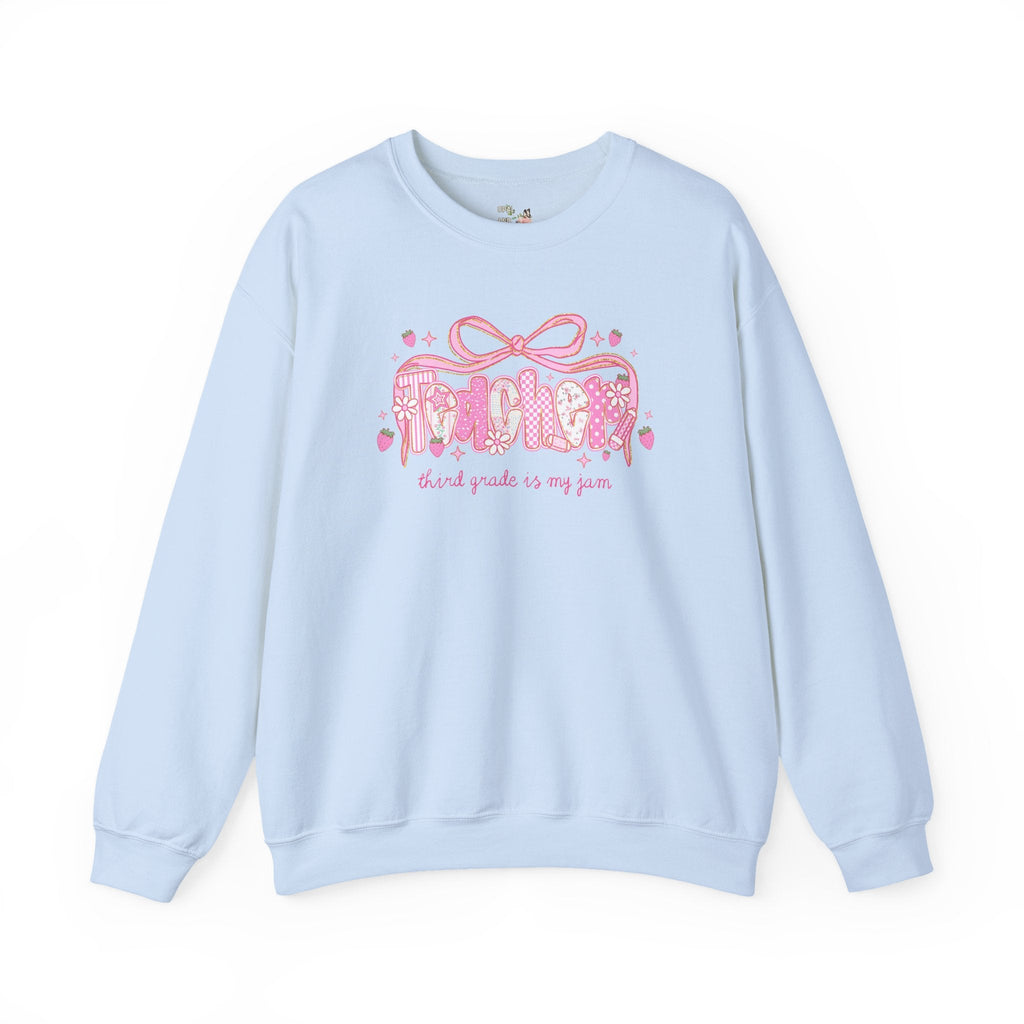 Third Grade Teacher Sweatshirt, Third Grade Squad or Crew, Floral Boho Strawberry Crewneck with Messy Coquette Bow, Fruit Lover Teacher - Opal and June