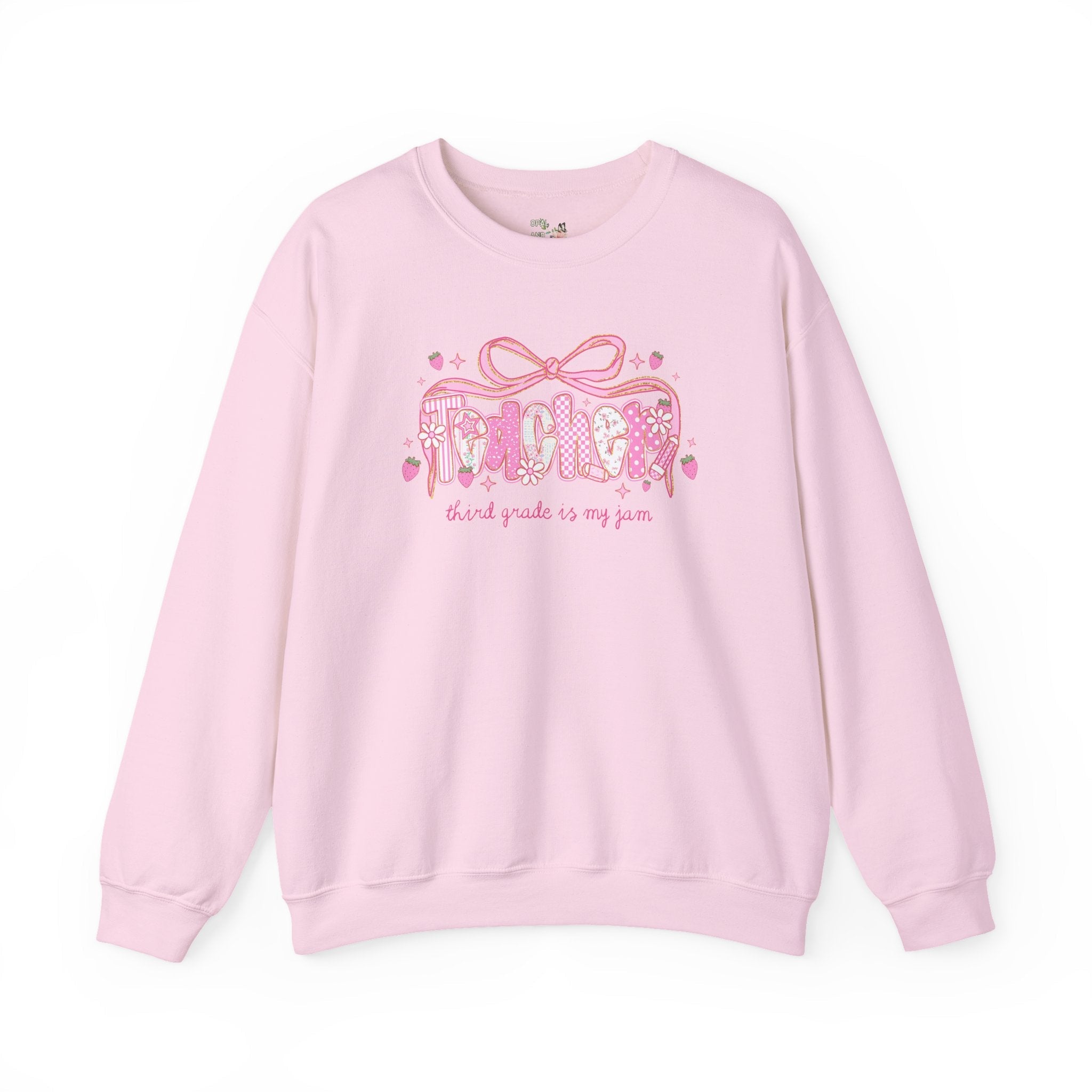 Third Grade Teacher Sweatshirt, Third Grade Squad or Crew, Floral Boho Strawberry Crewneck with Messy Coquette Bow, Fruit Lover Teacher - Opal and June