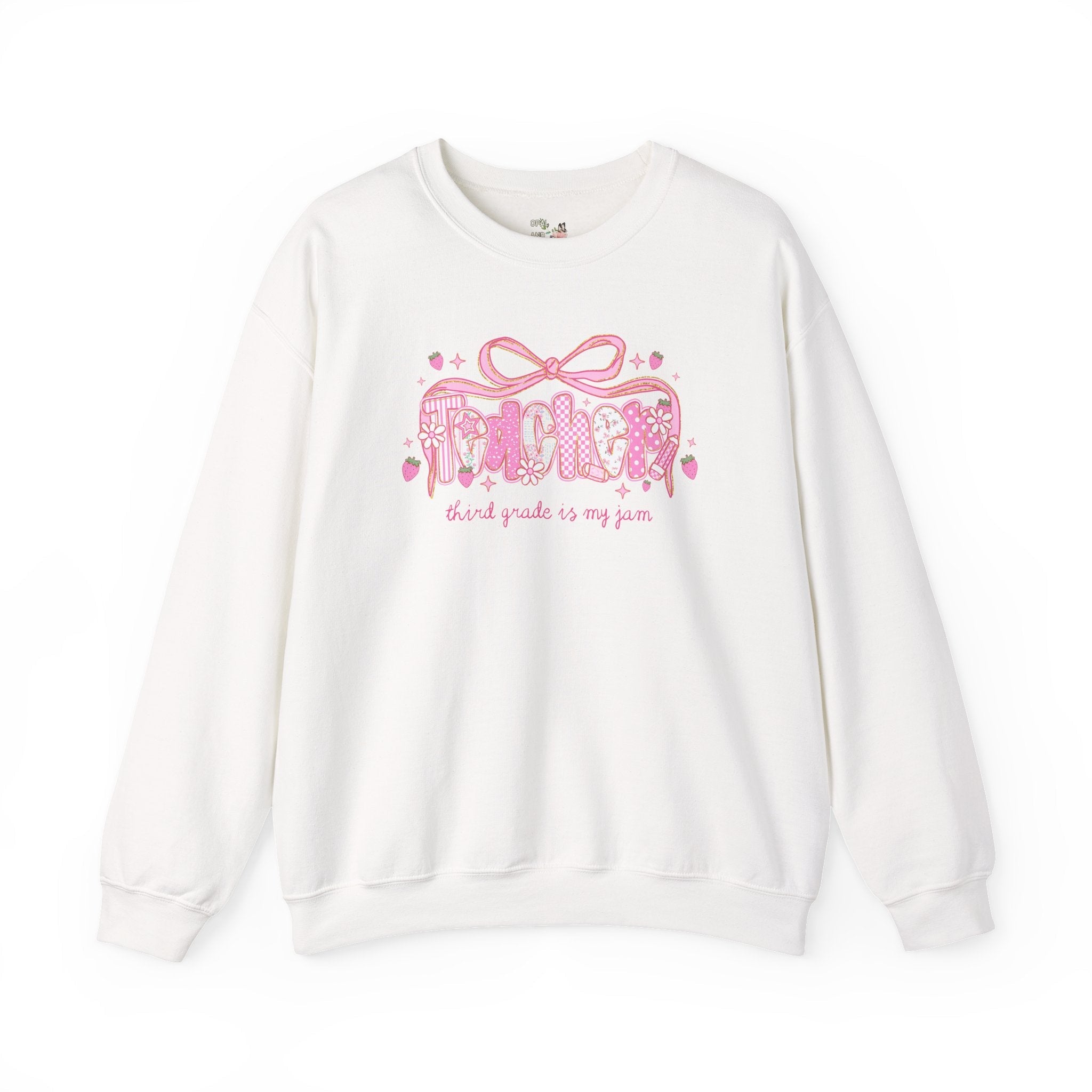 Third Grade Teacher Sweatshirt, Third Grade Squad or Crew, Floral Boho Strawberry Crewneck with Messy Coquette Bow, Fruit Lover Teacher - Opal and June