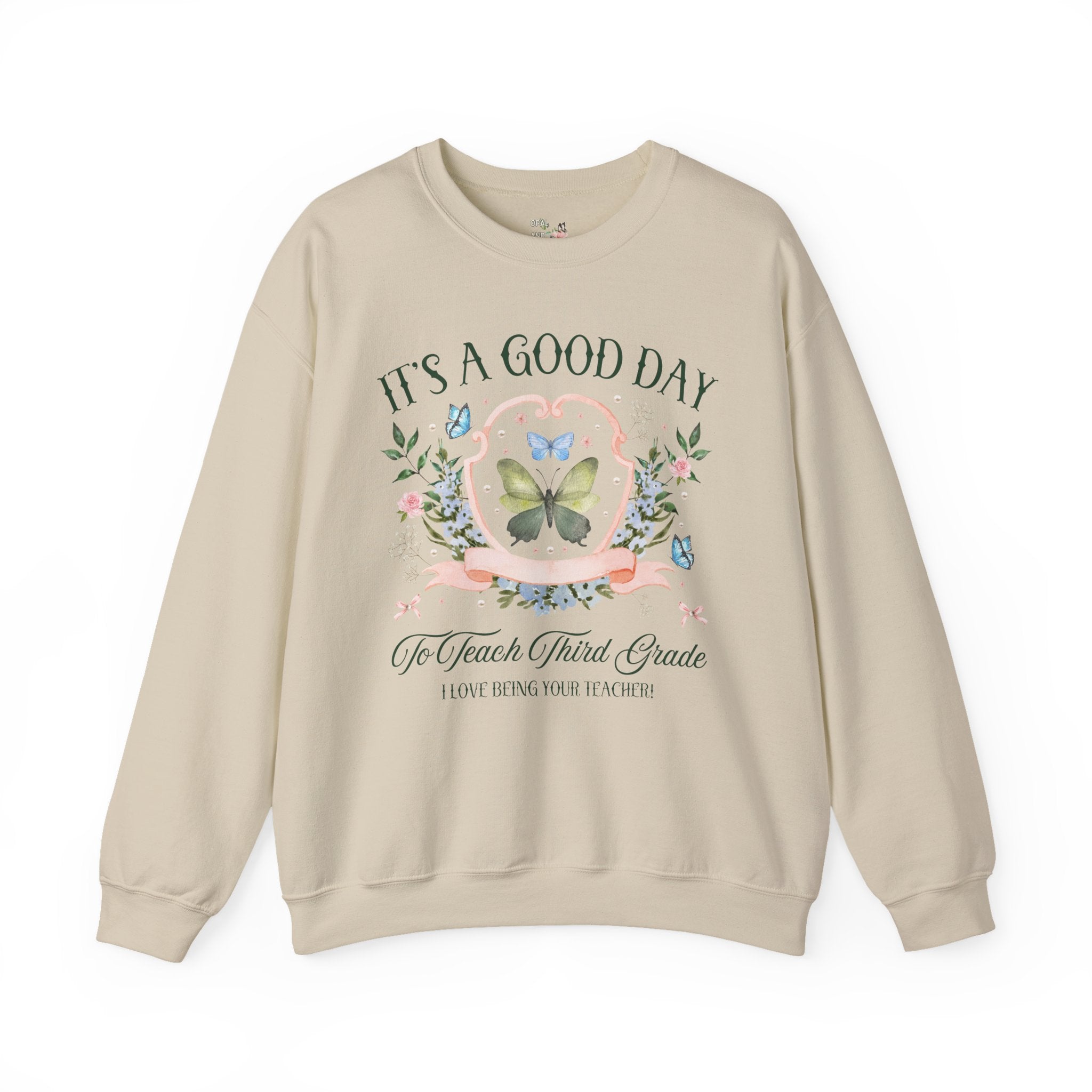 Third Grade Teacher Sweatshirt with Butterflies and Flowers: Floral Cottagecore Gift for Student Teacher, Third Grade Crew Matching Shirt - Opal and June