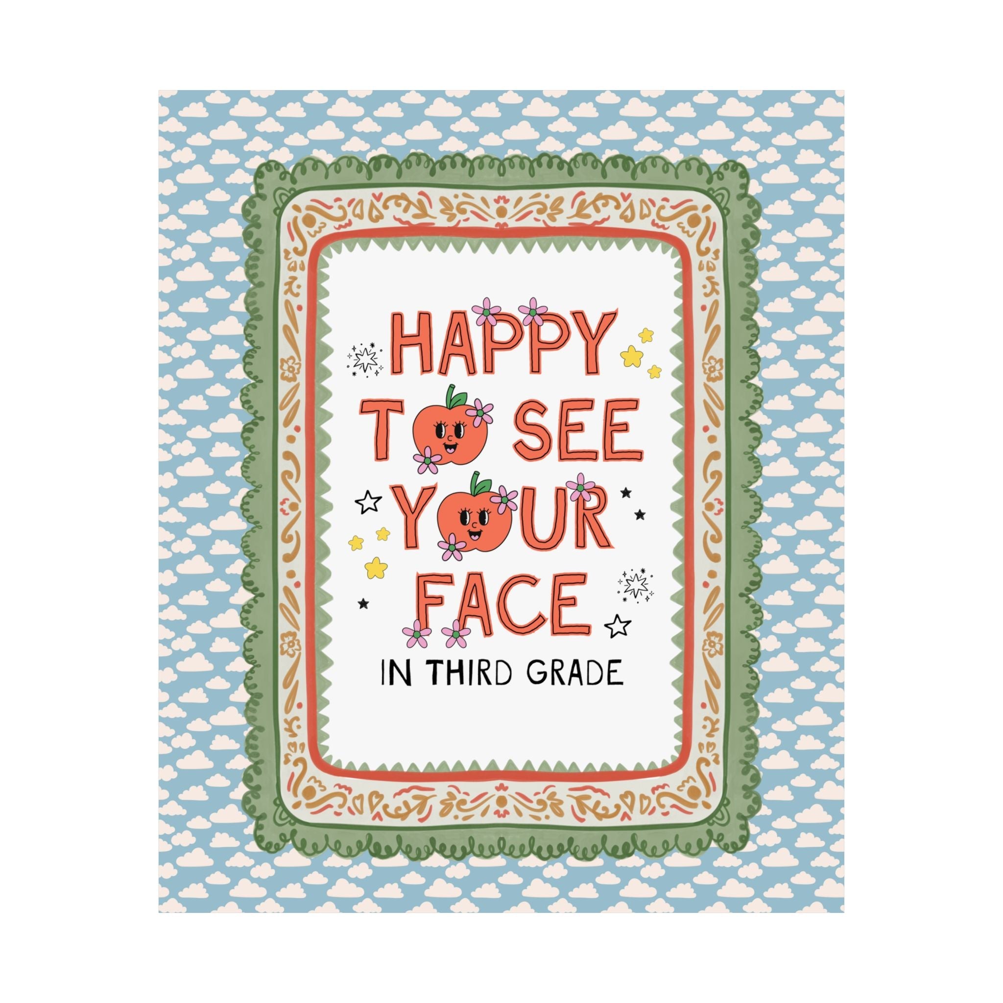 Third Grade Teacher Team Poster: Happy to See Your Face | Cute Classroom Print with Retro Apples and Flowers, First Day of School Gift - Opal and June