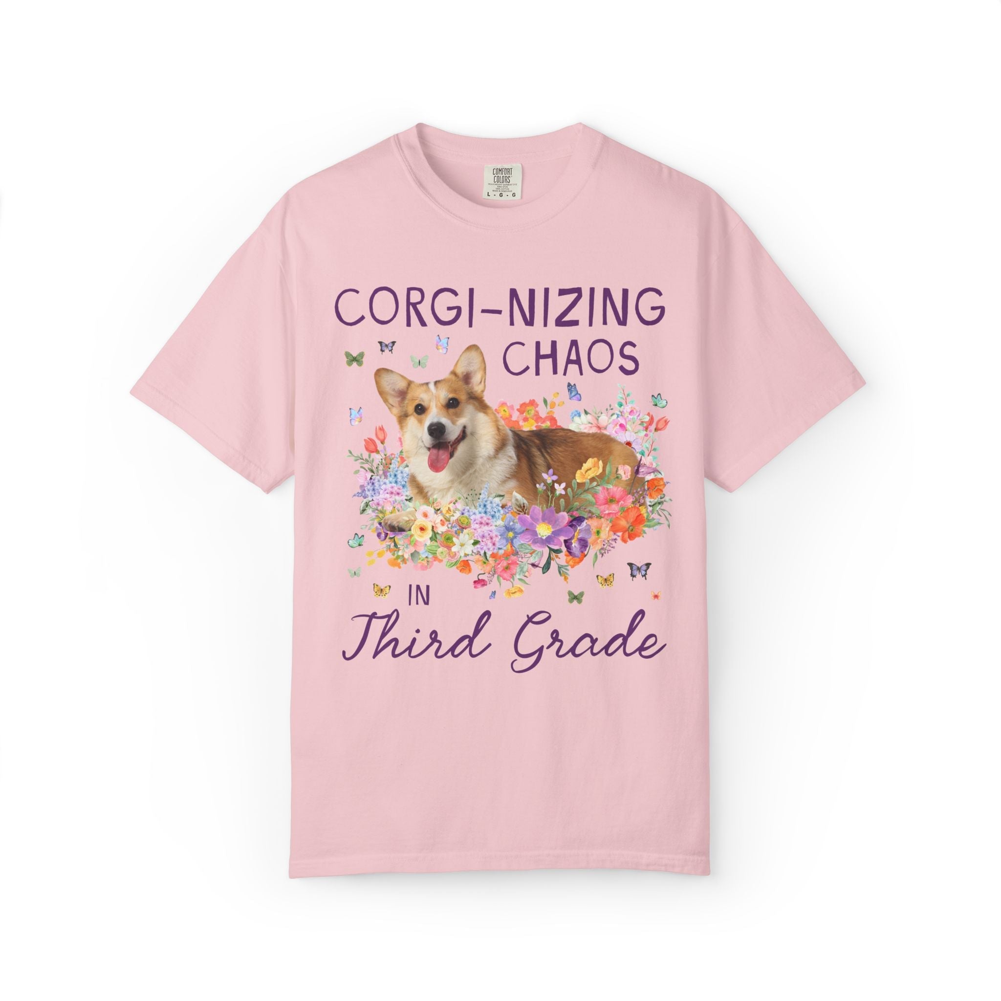 Third Grade Teacher Tee Shirt: Corgi-Nizing Chaos Floral Tee for Animal Lover, Cute Welsh Corgi Dog Matching Teacher Tee, Back to School - Opal and June