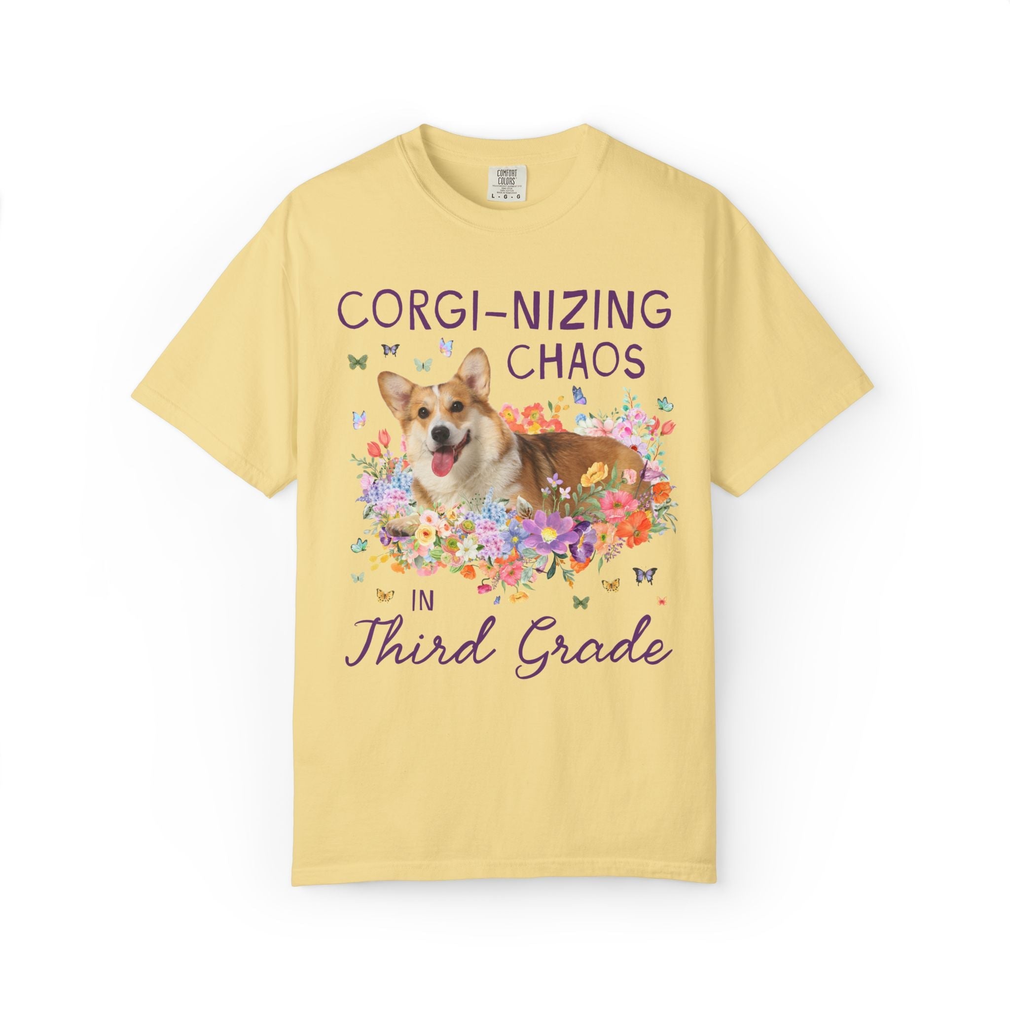 Third Grade Teacher Tee Shirt: Corgi-Nizing Chaos Floral Tee for Animal Lover, Cute Welsh Corgi Dog Matching Teacher Tee, Back to School - Opal and June