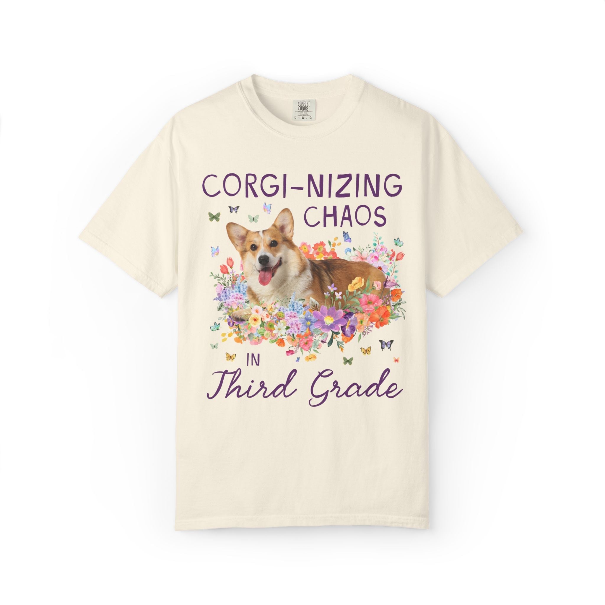 Third Grade Teacher Tee Shirt: Corgi-Nizing Chaos Floral Tee for Animal Lover, Cute Welsh Corgi Dog Matching Teacher Tee, Back to School - Opal and June