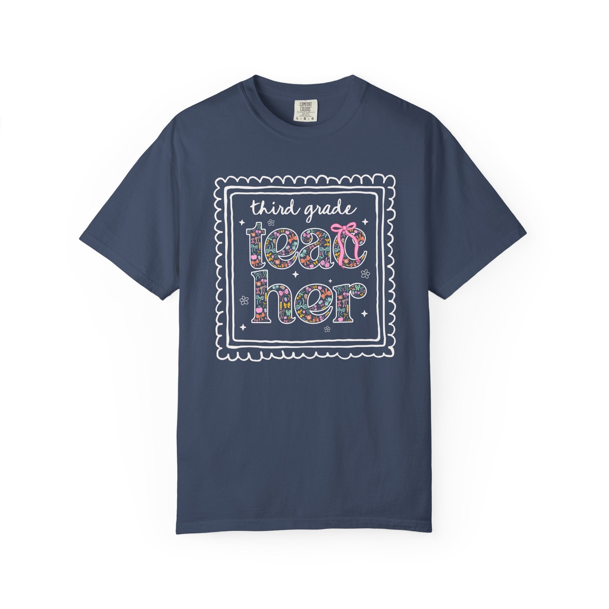Third Grade Teacher Tee Shirt for Back to School, Cute Floral Matching Third Grade Crew T-Shirt with Bow, Cute Nineties Aesthetic Doodles - Opal and June