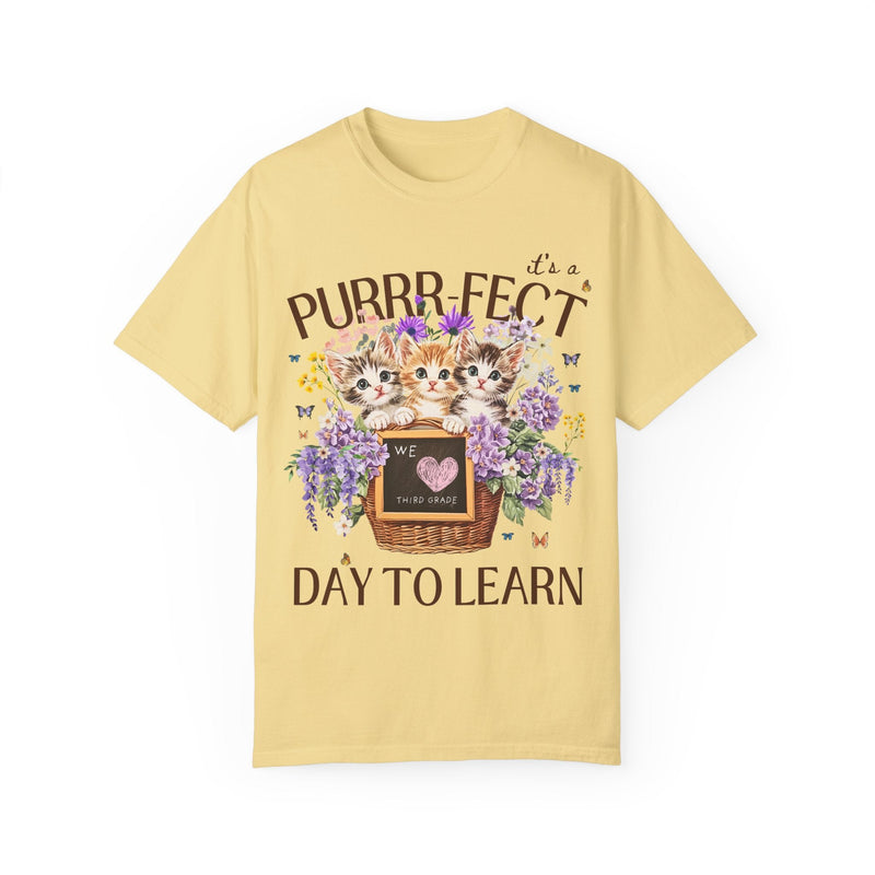 Third Grade Teacher Tee Shirt for Cat Mom Teachers: Purrr - fect Day to Learn, Cottagecore 90s Throwback Colorful Maximalist Animal Lover Tee - Opal and June