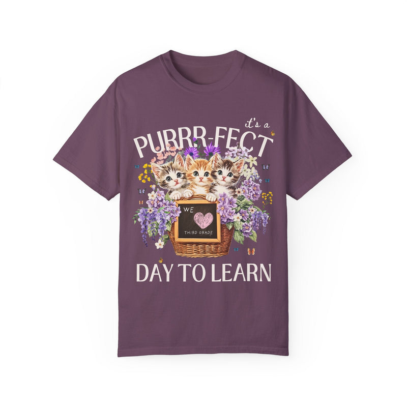 Third Grade Teacher Tee Shirt for Cat Mom Teachers: Purrr - fect Day to Learn, Cottagecore 90s Throwback Colorful Maximalist Animal Lover Tee - Opal and June
