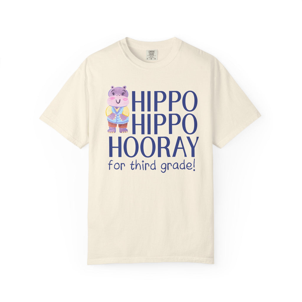 Third Grade Teacher Tee Shirt with Adorable Retro Hippo, Funny and Cute Back to School Teacher Team Shirt for Animal Lover, New Teacher Gift - Opal and June