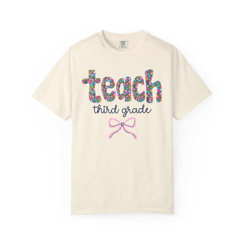 Third Grade Teacher Tee Shirt with Colorful Flowers and Bow, Teacher Team Tee for Back to School, New Teacher Gift, Teacher Appreciation - Opal and June