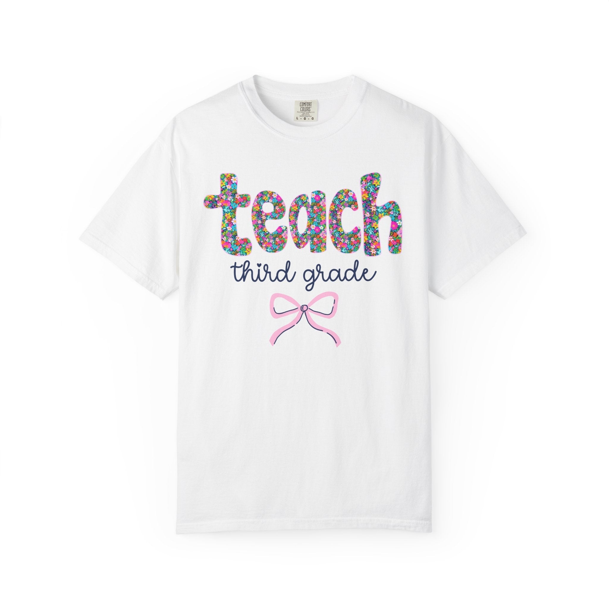 Third Grade Teacher Tee Shirt with Colorful Flowers and Bow, Teacher Team Tee for Back to School, New Teacher Gift, Teacher Appreciation - Opal and June
