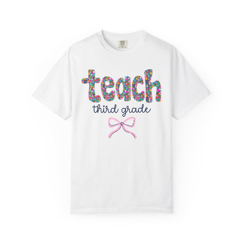 Third Grade Teacher Tee Shirt with Colorful Flowers and Bow, Teacher Team Tee for Back to School, New Teacher Gift, Teacher Appreciation - Opal and June