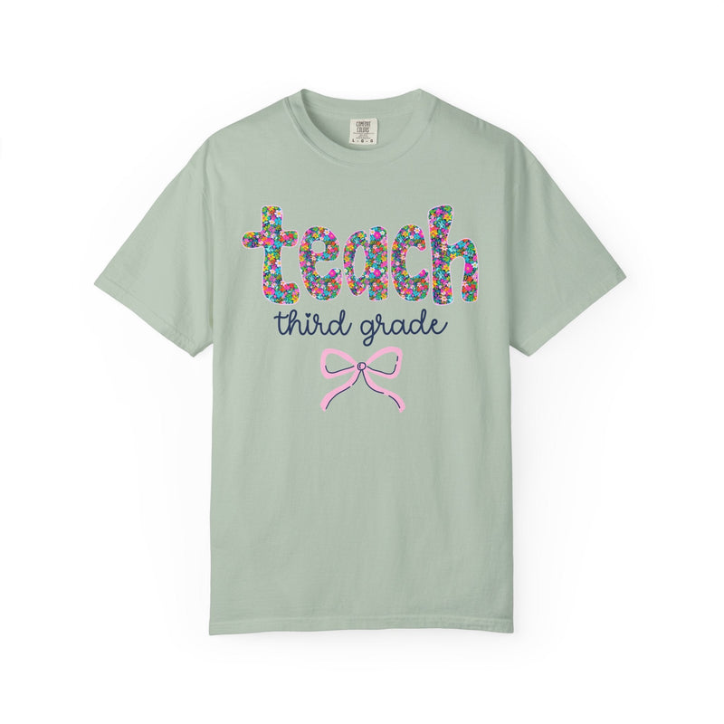 Third Grade Teacher Tee Shirt with Colorful Flowers and Bow, Teacher Team Tee for Back to School, New Teacher Gift, Teacher Appreciation - Opal and June