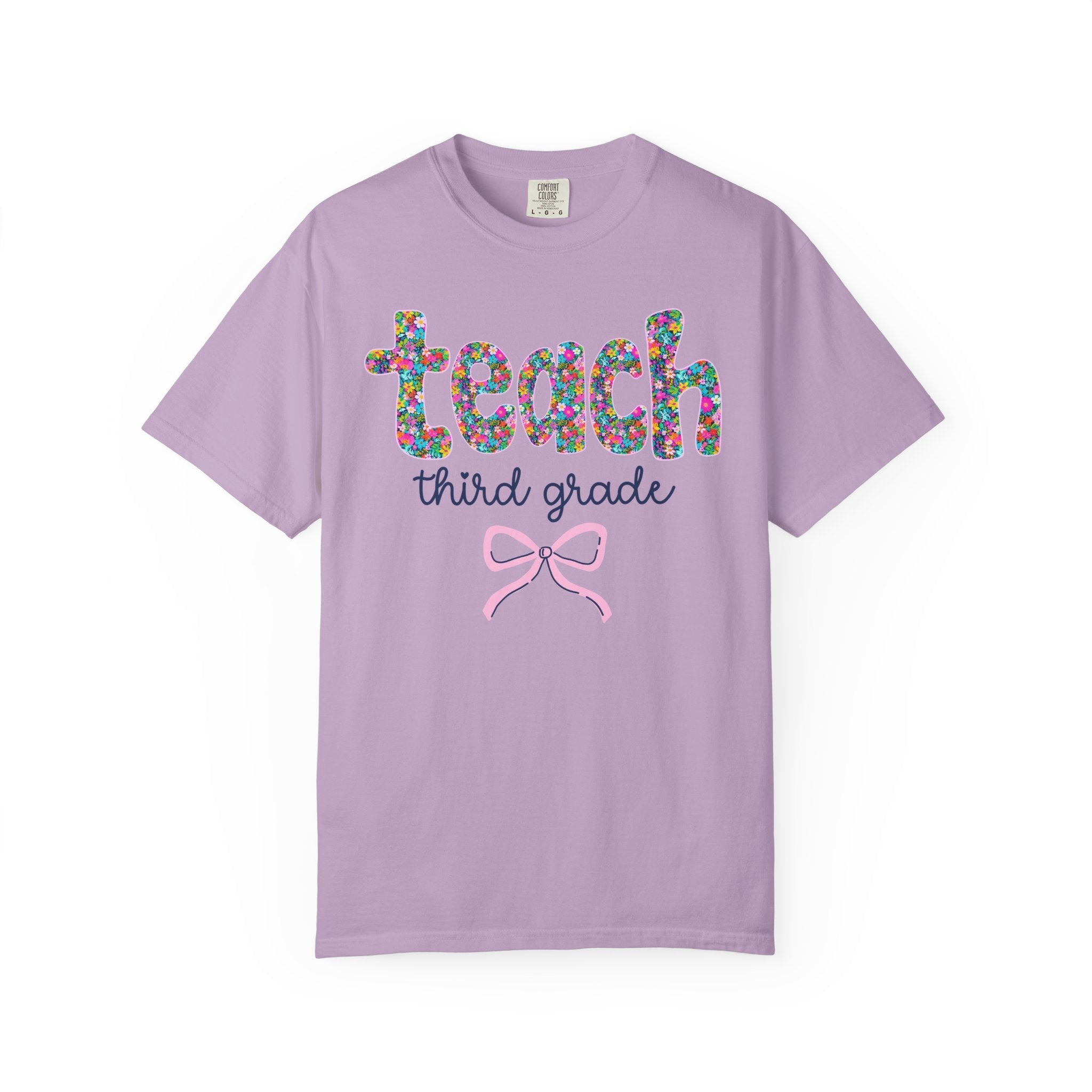Third Grade Teacher Tee Shirt with Colorful Flowers and Bow, Teacher Team Tee for Back to School, New Teacher Gift, Teacher Appreciation - Opal and June