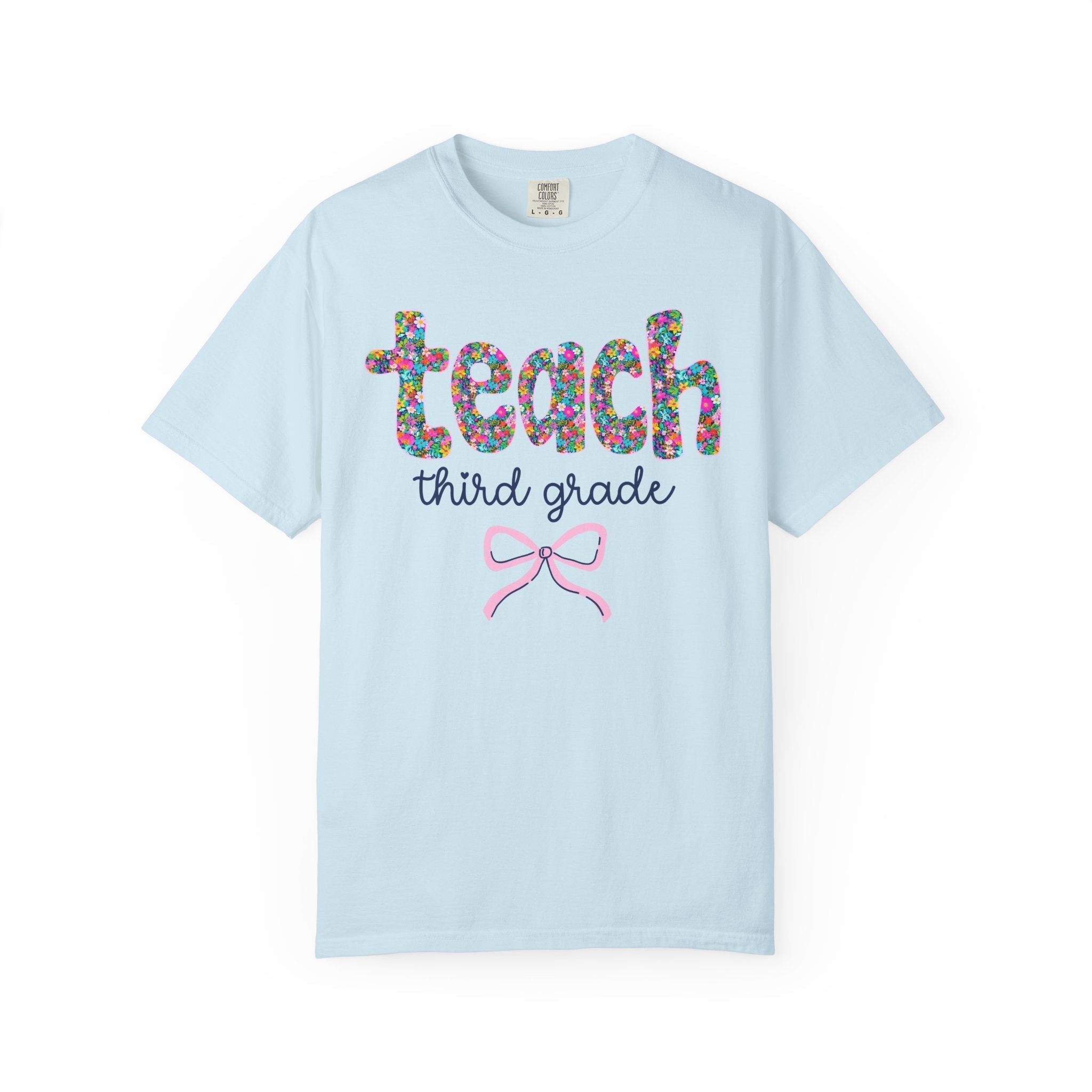 Third Grade Teacher Tee Shirt with Colorful Flowers and Bow, Teacher Team Tee for Back to School, New Teacher Gift, Teacher Appreciation - Opal and June