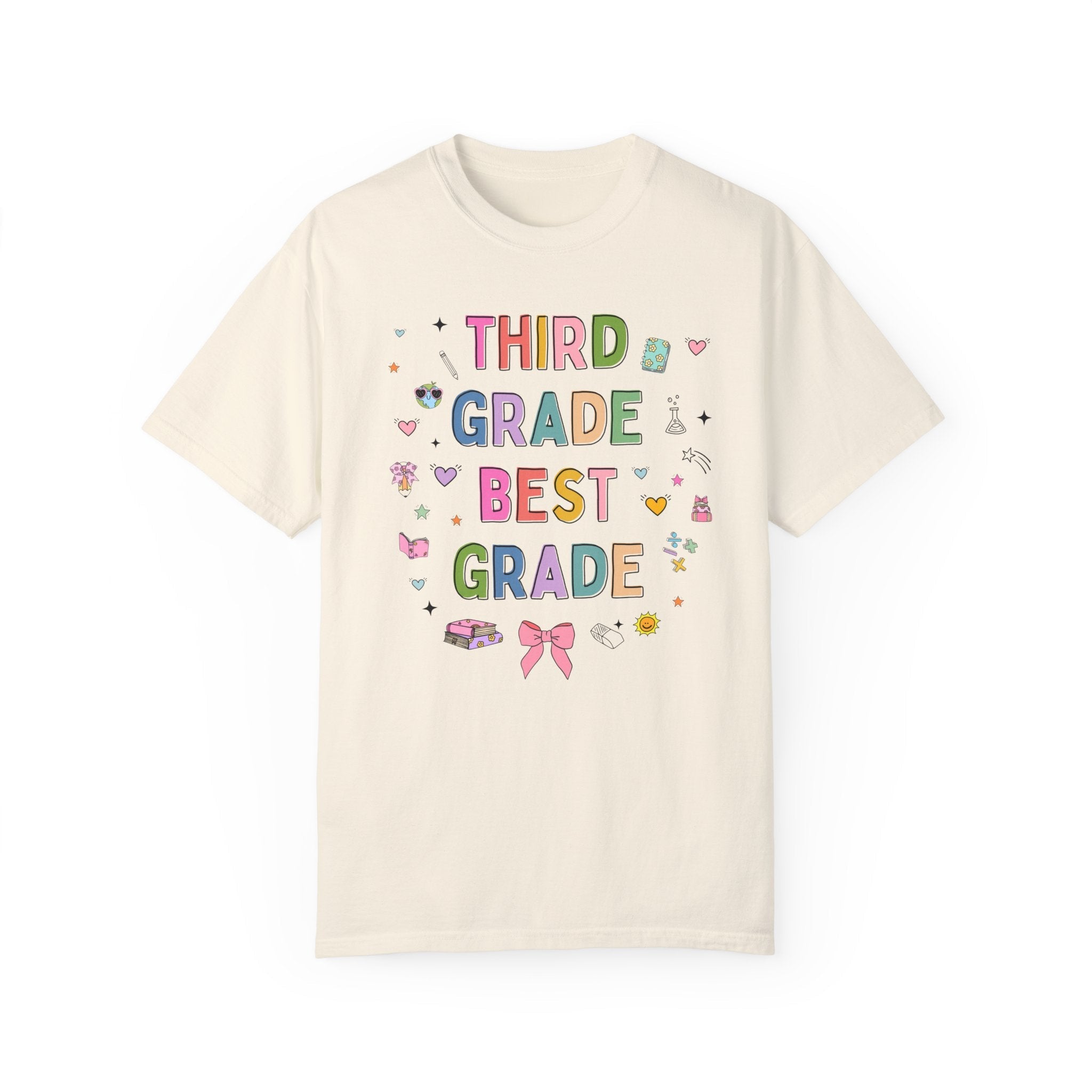 Third Grade Teacher Tee Shirt with Cute 90s Aesthetic Doodles, Colorful Matching Teacher T-Shirt for Third Grade Crew, New Teacher Present - Opal and June
