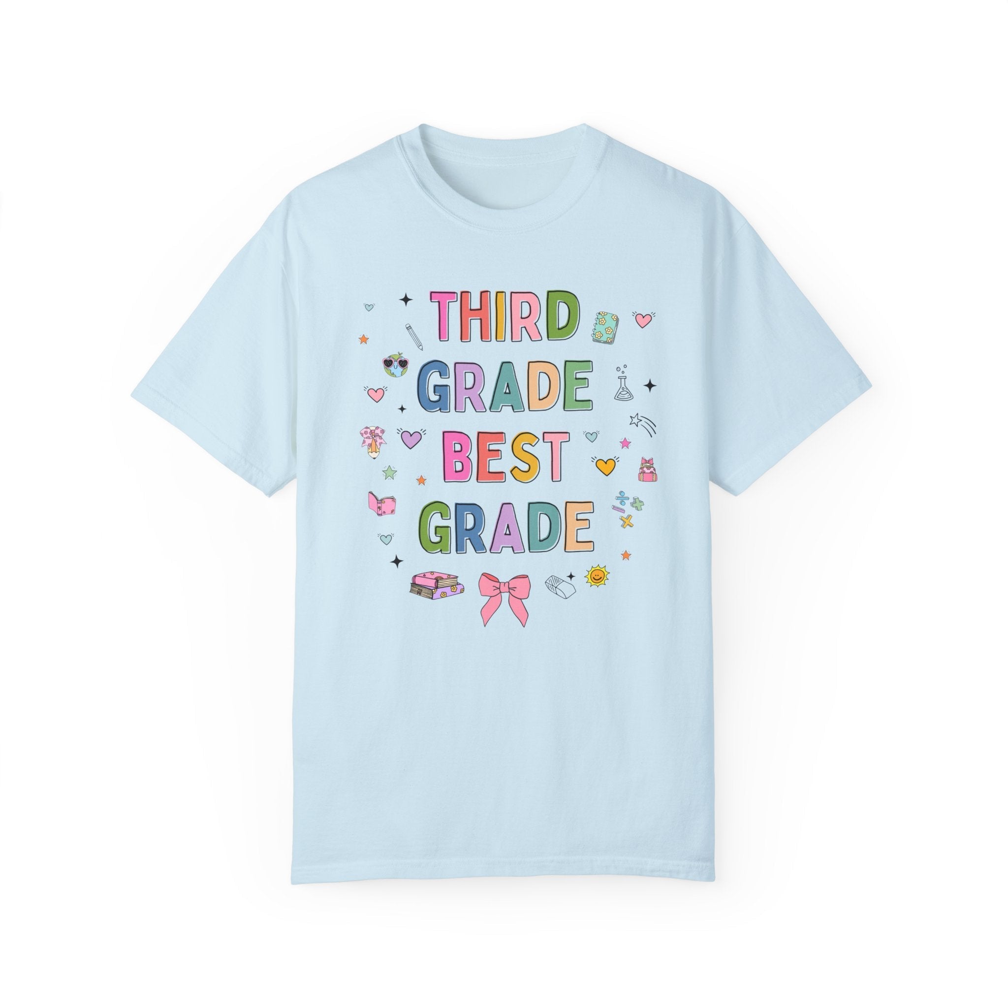 Third Grade Teacher Tee Shirt with Cute 90s Aesthetic Doodles, Colorful Matching Teacher T-Shirt for Third Grade Crew, New Teacher Present - Opal and June