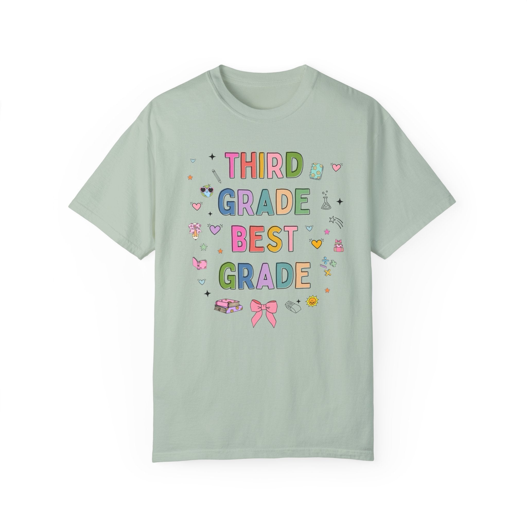 Third Grade Teacher Tee Shirt with Cute 90s Aesthetic Doodles, Colorful Matching Teacher T-Shirt for Third Grade Crew, New Teacher Present - Opal and June