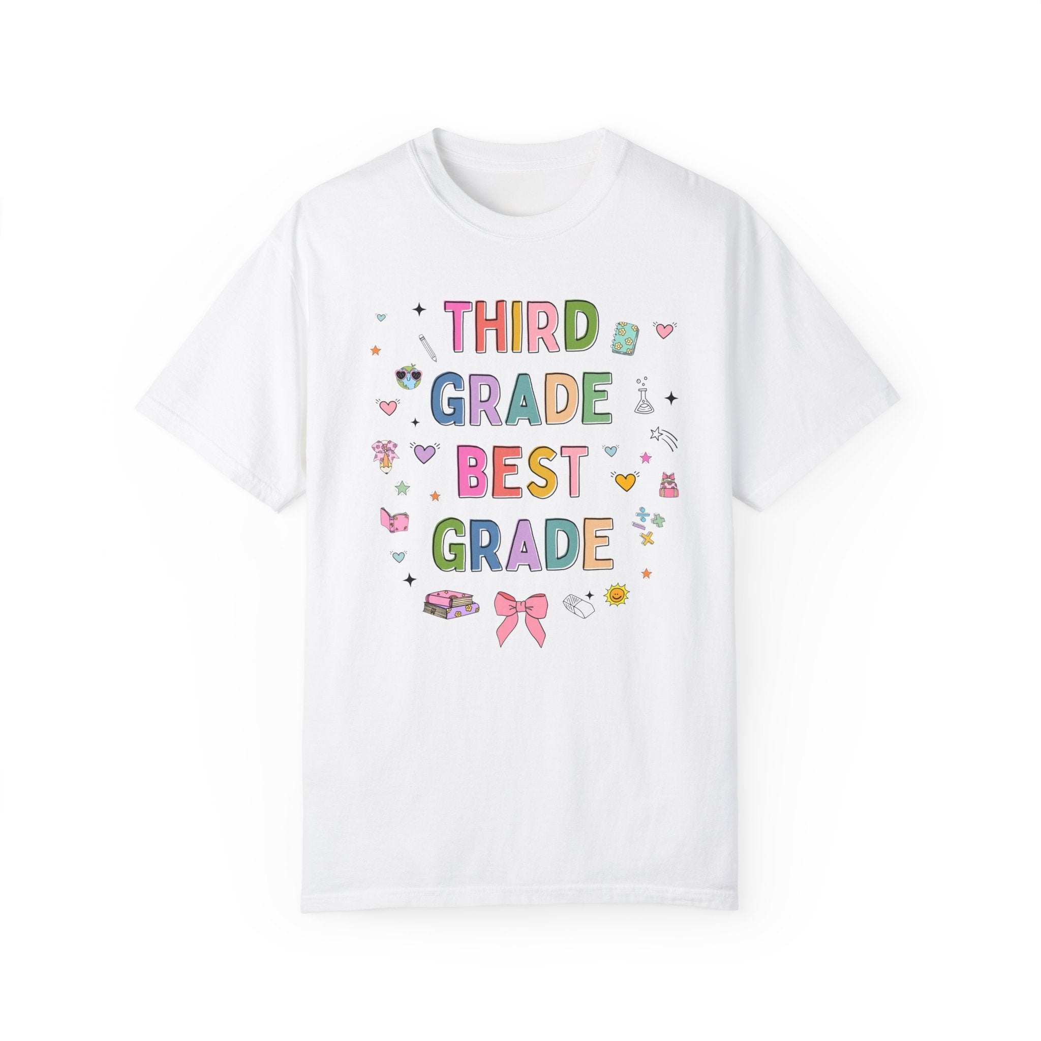 Third Grade Teacher Tee Shirt with Cute 90s Aesthetic Doodles, Colorful Matching Teacher T-Shirt for Third Grade Crew, New Teacher Present - Opal and June