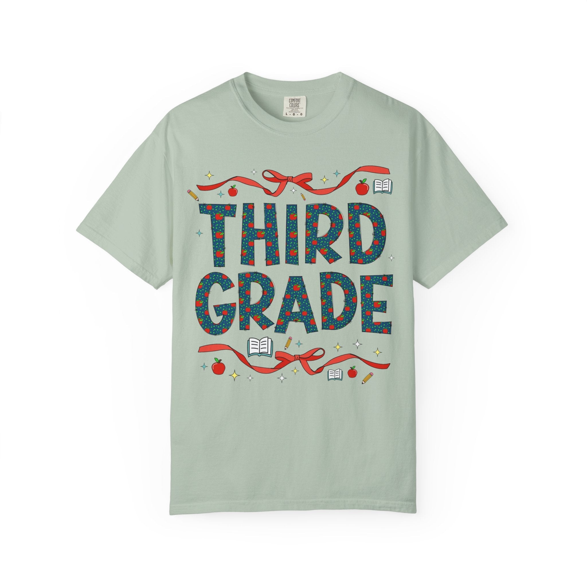 Third Grade Teacher Tee Shirt with Cute Bows and Retro Apples, Teacher Team T-Shirt for Back to School, First Day of School Matching Tee - Opal and June