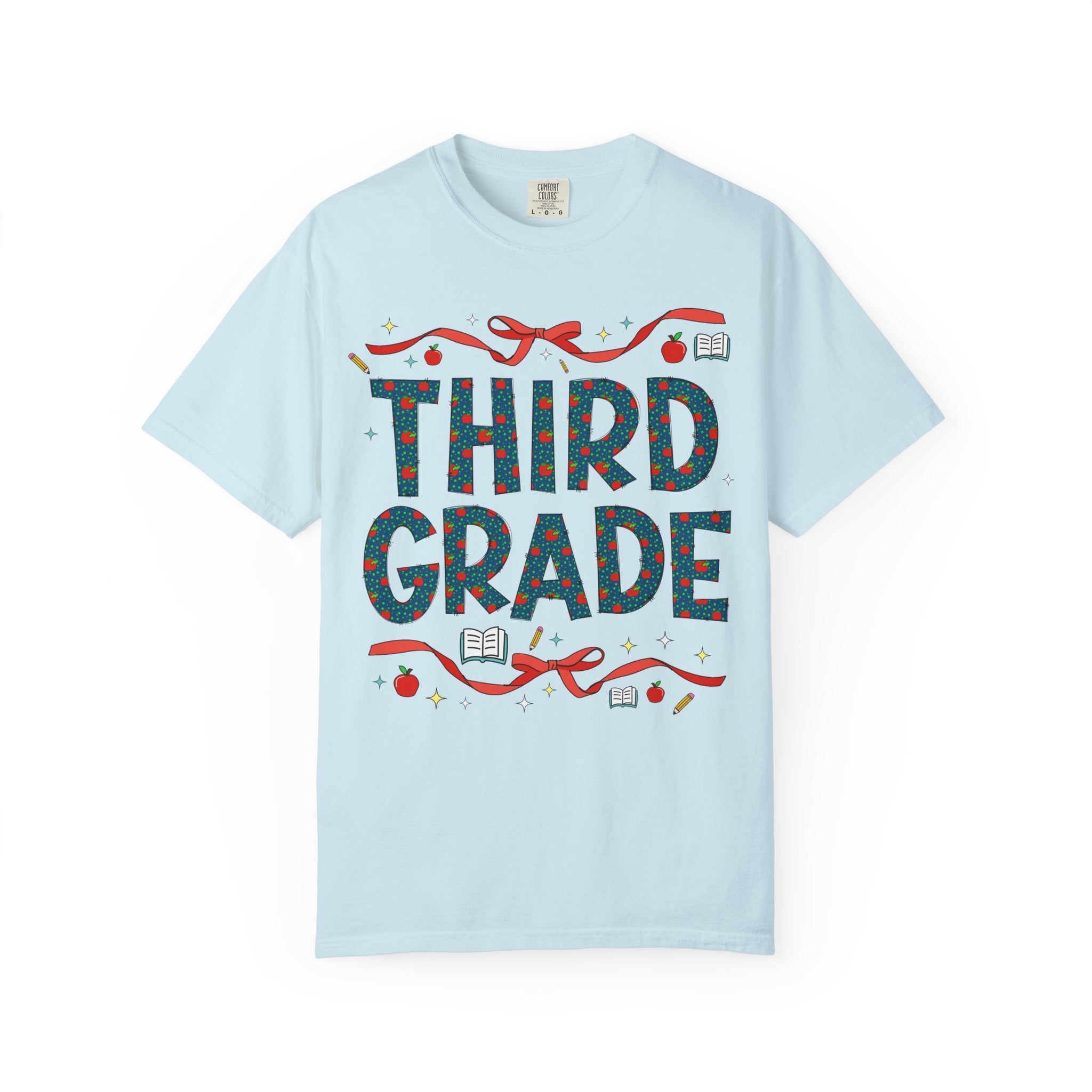Third Grade Teacher Tee Shirt with Cute Bows and Retro Apples, Teacher Team T-Shirt for Back to School, First Day of School Matching Tee - Opal and June